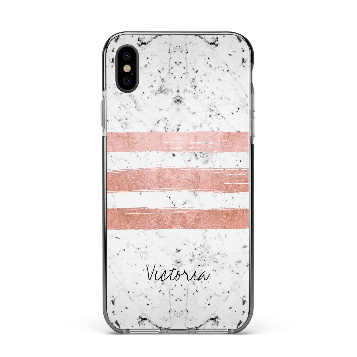 Personalised Rose Gold Brush Marble Initial Apple iPhone Xs Max Impact Case Black Edge on Black Phone