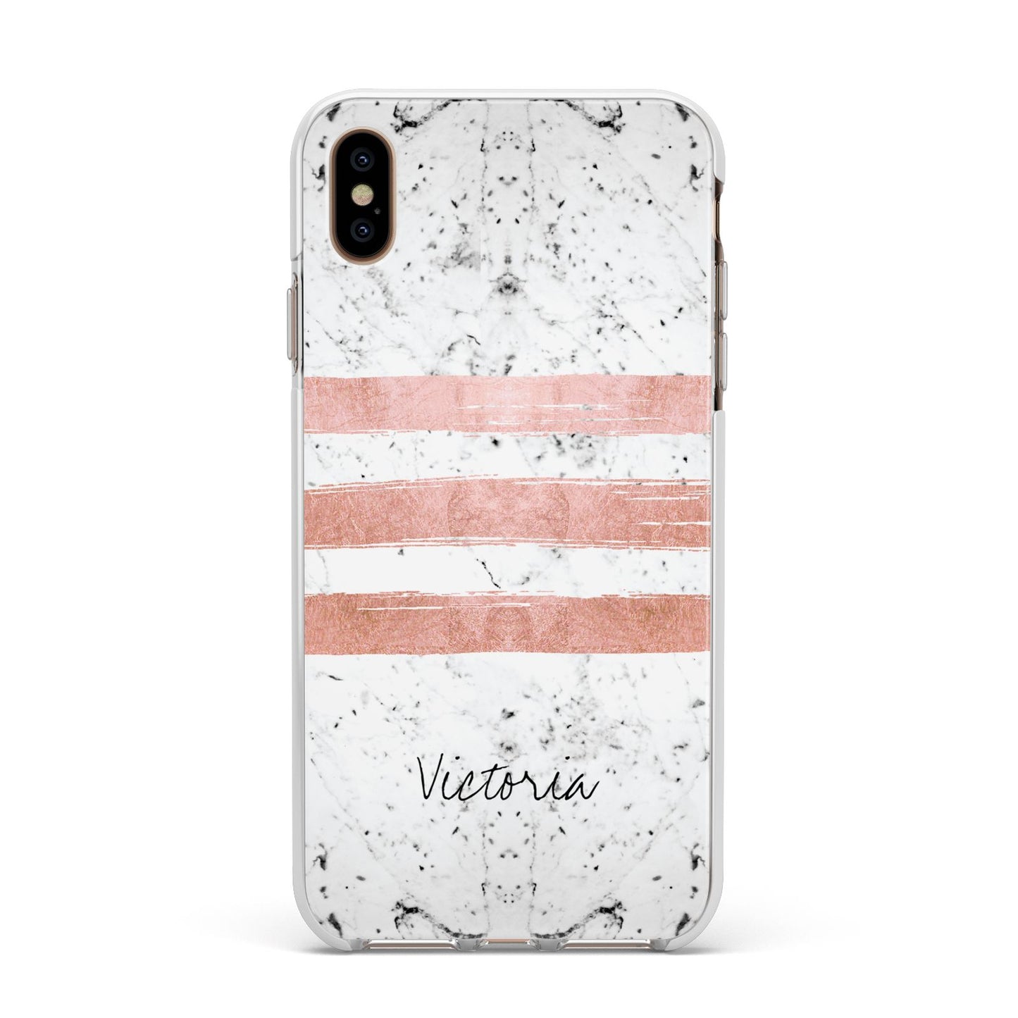 Personalised Rose Gold Brush Marble Initial Apple iPhone Xs Max Impact Case White Edge on Gold Phone