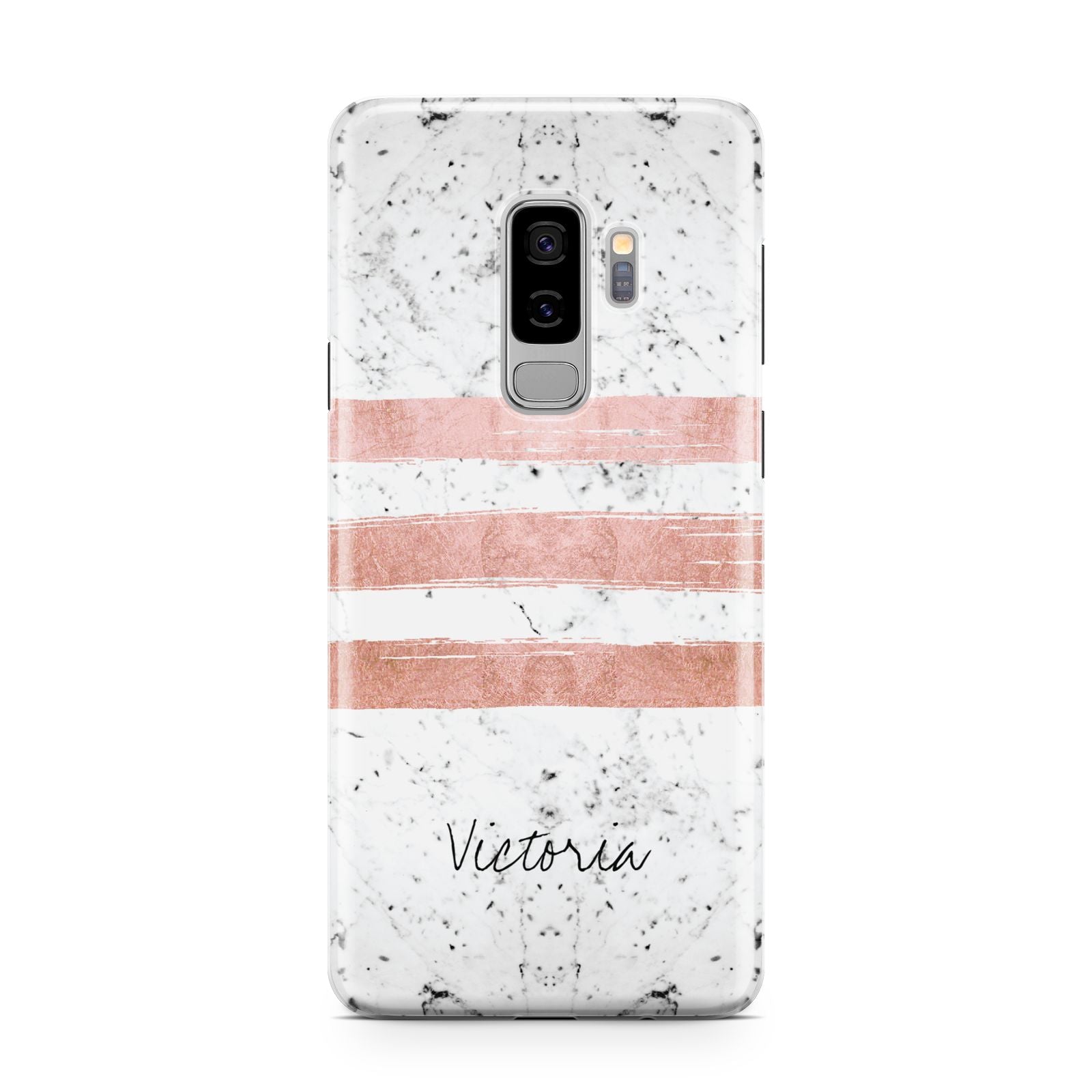 Personalised Rose Gold Brush Marble Initial Samsung Galaxy S9 Plus Case on Silver phone