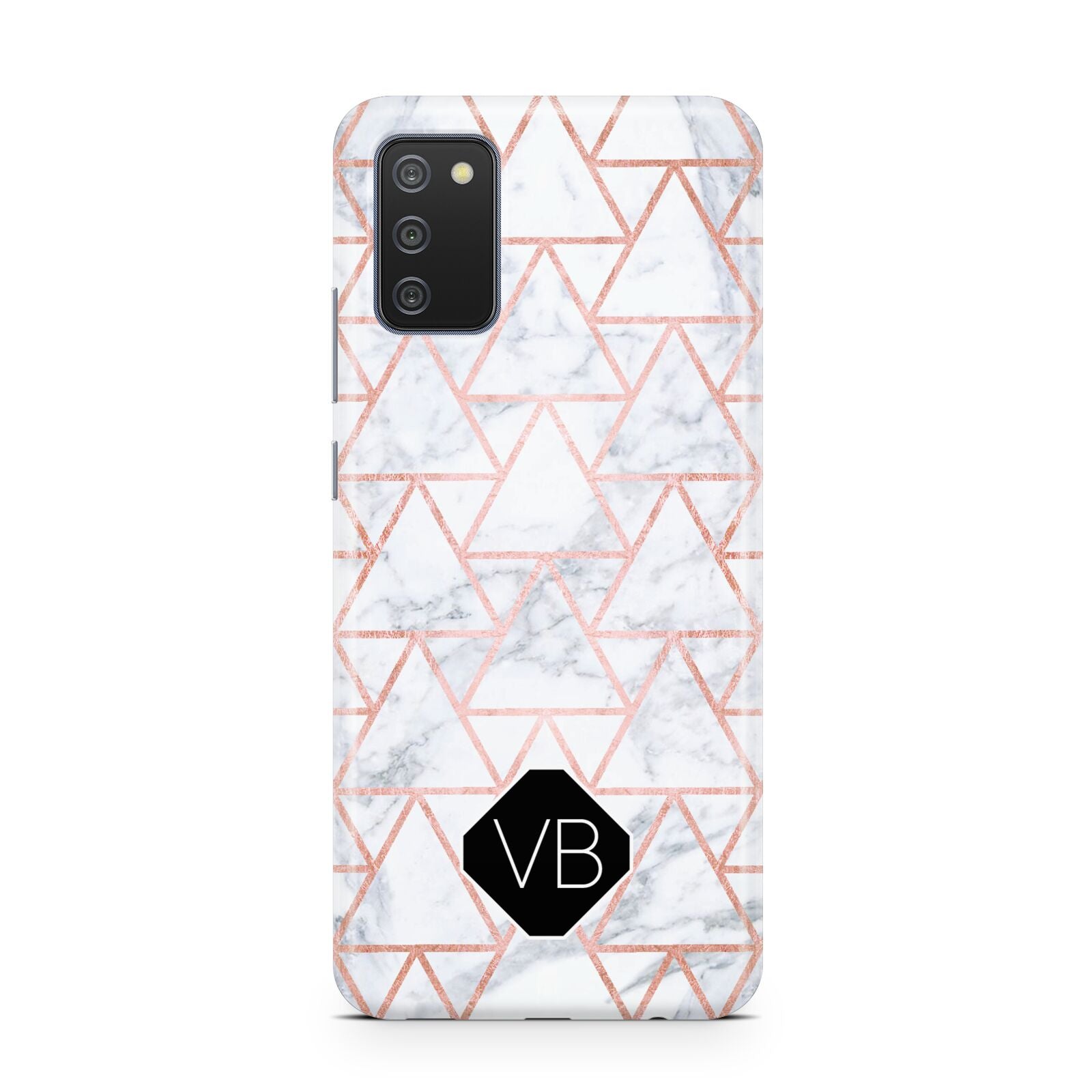 Personalised Rose Gold Grey Marble Hexagon Samsung A02s Case