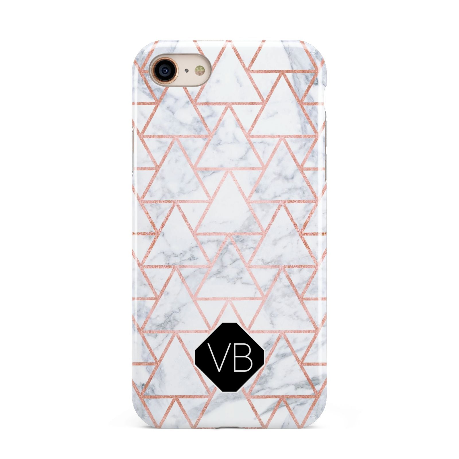 Personalised Rose Gold Grey Marble Hexagon iPhone 8 3D Tough Case on Gold Phone