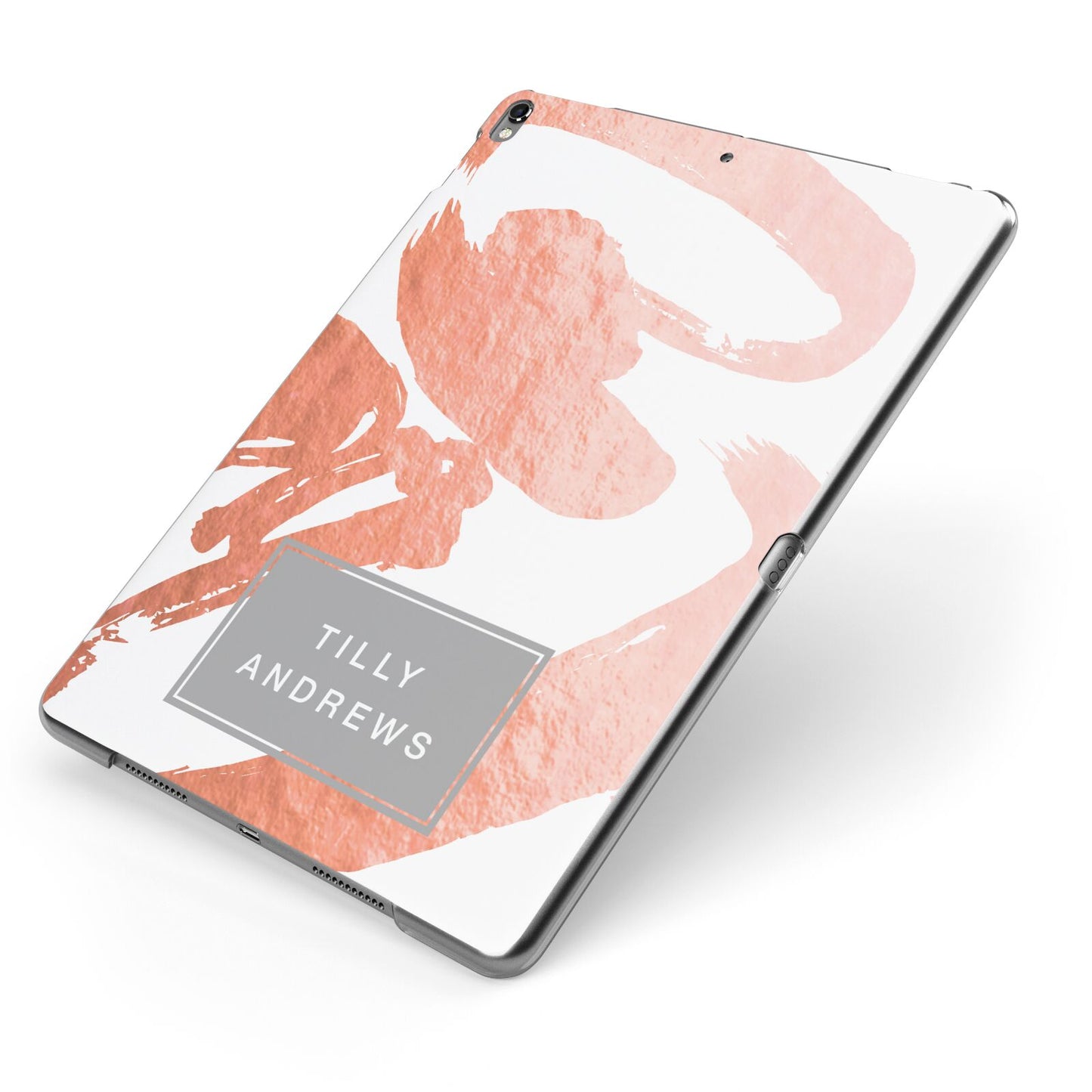 Personalised Rose Gold Leaf Name Apple iPad Case on Grey iPad Side View