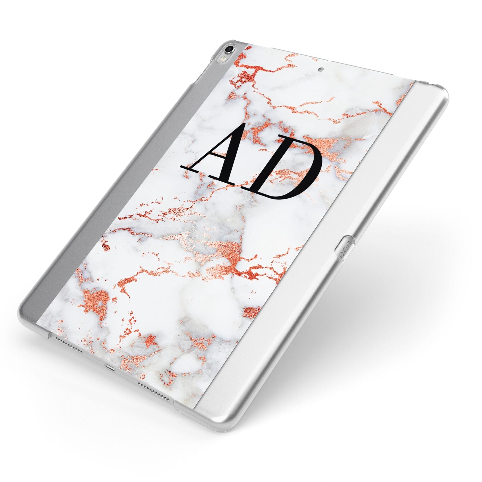 Personalised Rose Gold Marble Initials Apple iPad Case on Silver iPad Side View