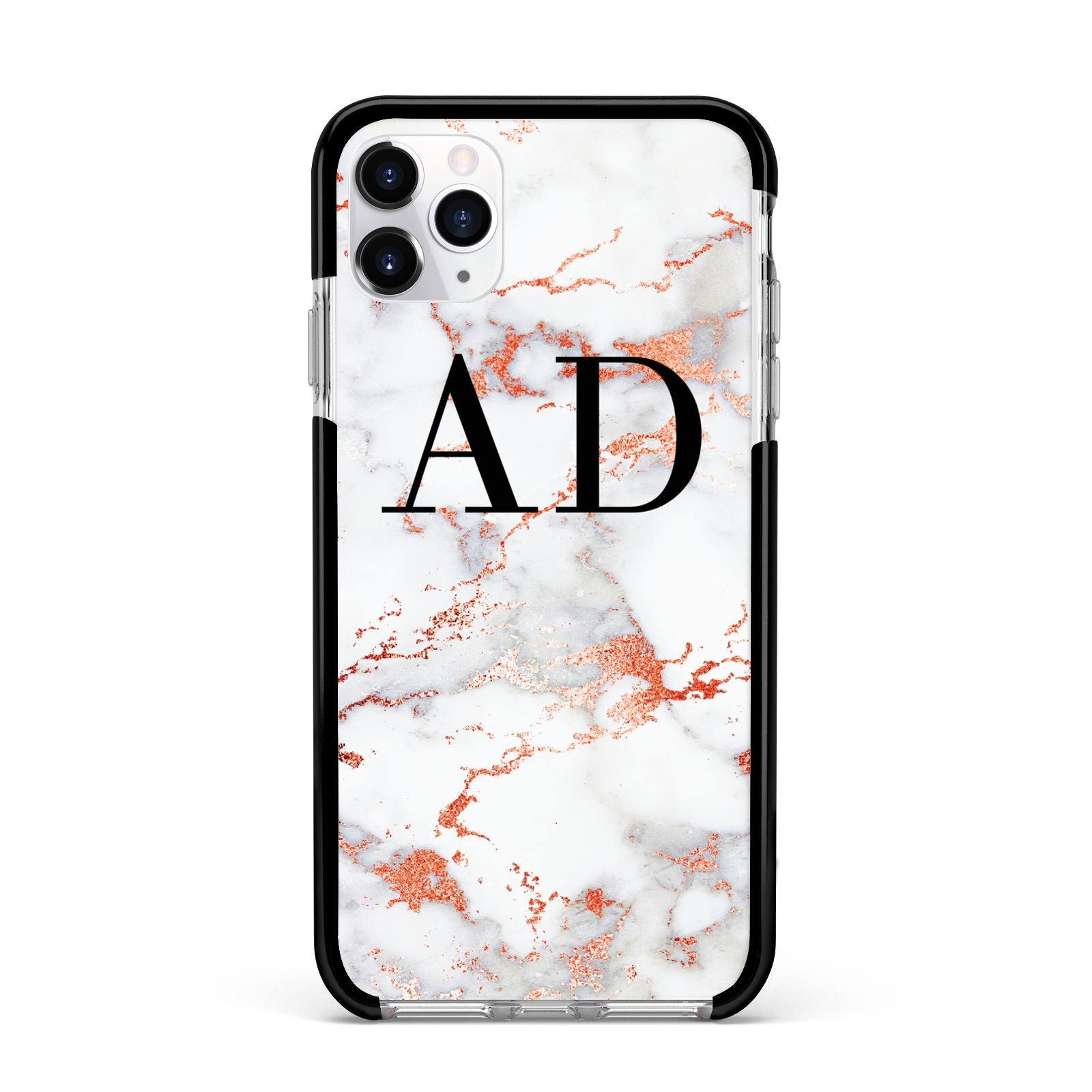 Personalised Rose Gold Marble Initials Apple iPhone 11 Pro Max in Silver with Black Impact Case