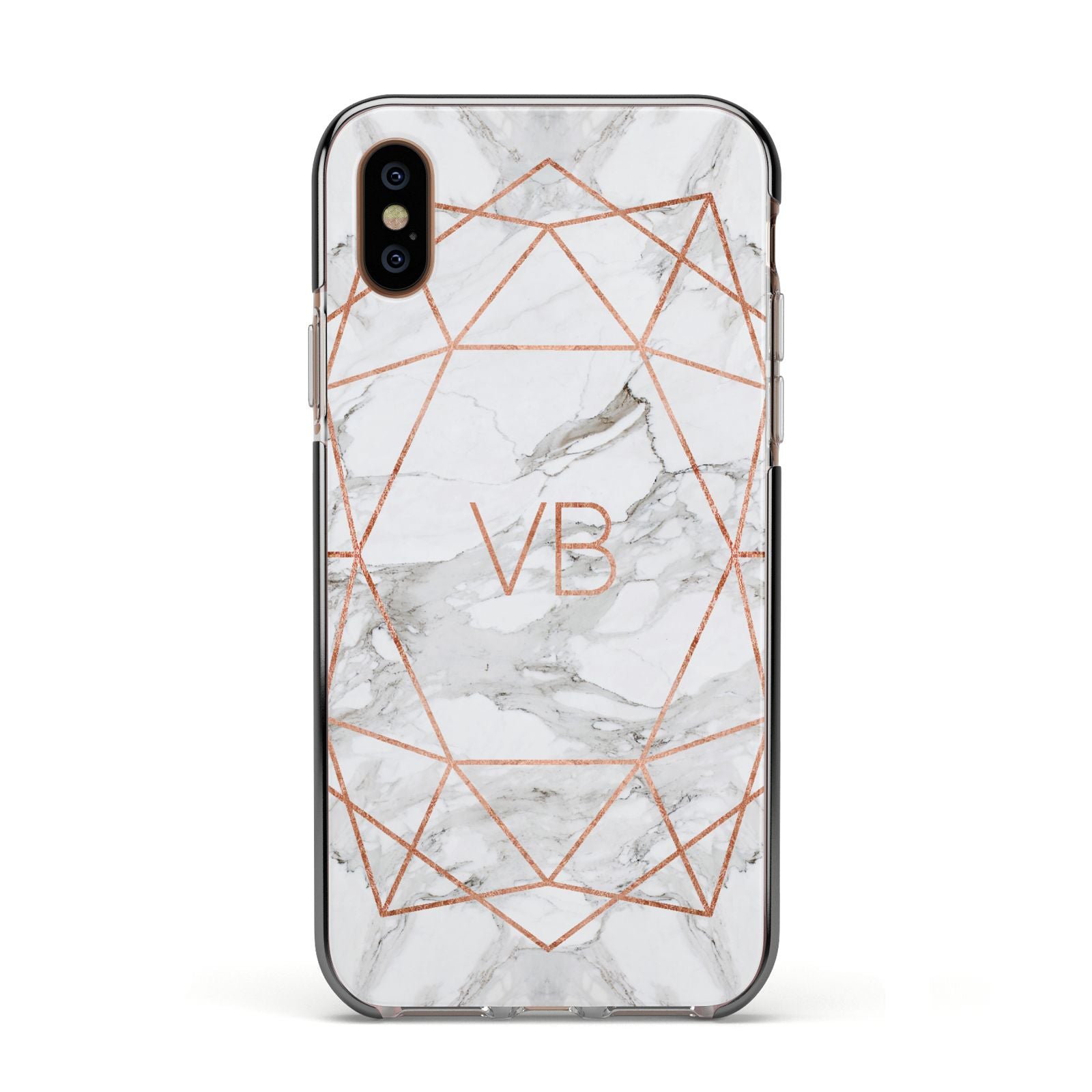 Personalised Rose Gold Marble Initials Apple iPhone Xs Impact Case Black Edge on Gold Phone