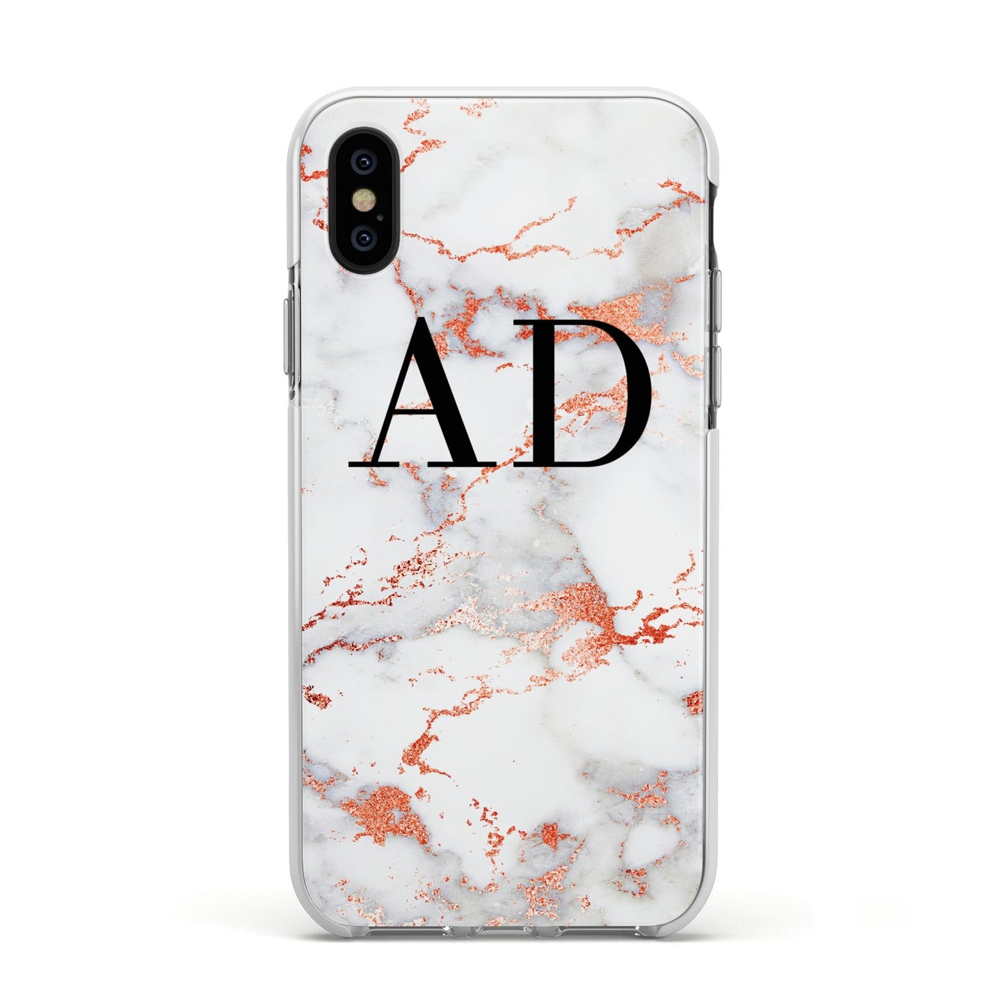 Personalised Rose Gold Marble Initials Apple iPhone Xs Impact Case White Edge on Black Phone