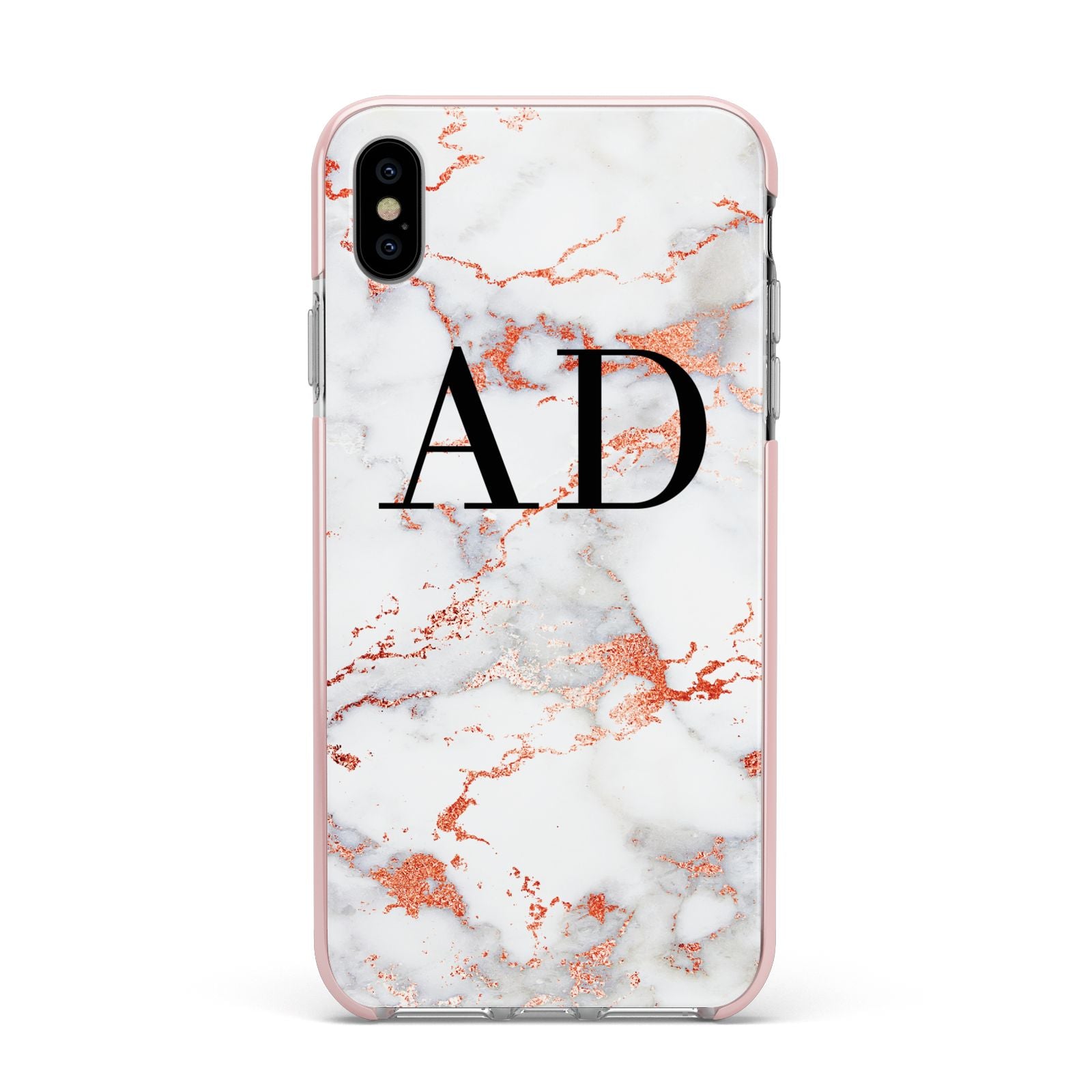 Personalised Rose Gold Marble Initials Apple iPhone Xs Max Impact Case Pink Edge on Silver Phone