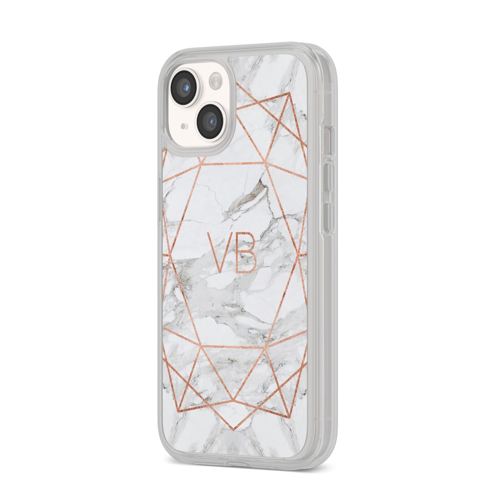 Personalised Rose Gold Marble Initials iPhone 14 Clear Tough Case Starlight Angled Image