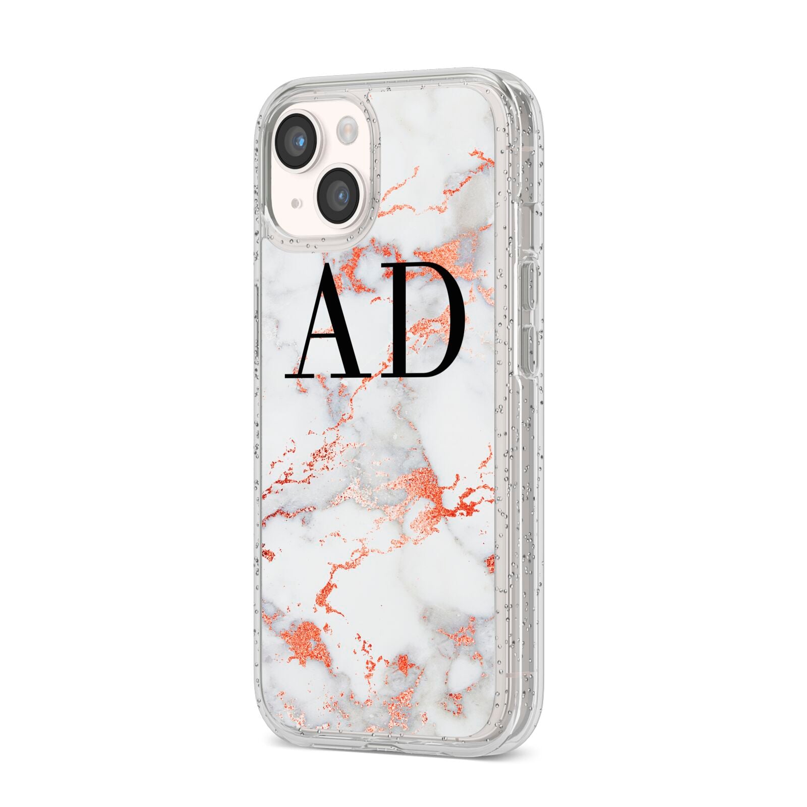 Personalised Rose Gold Marble Initials iPhone 14 Glitter Tough Case Starlight Angled Image