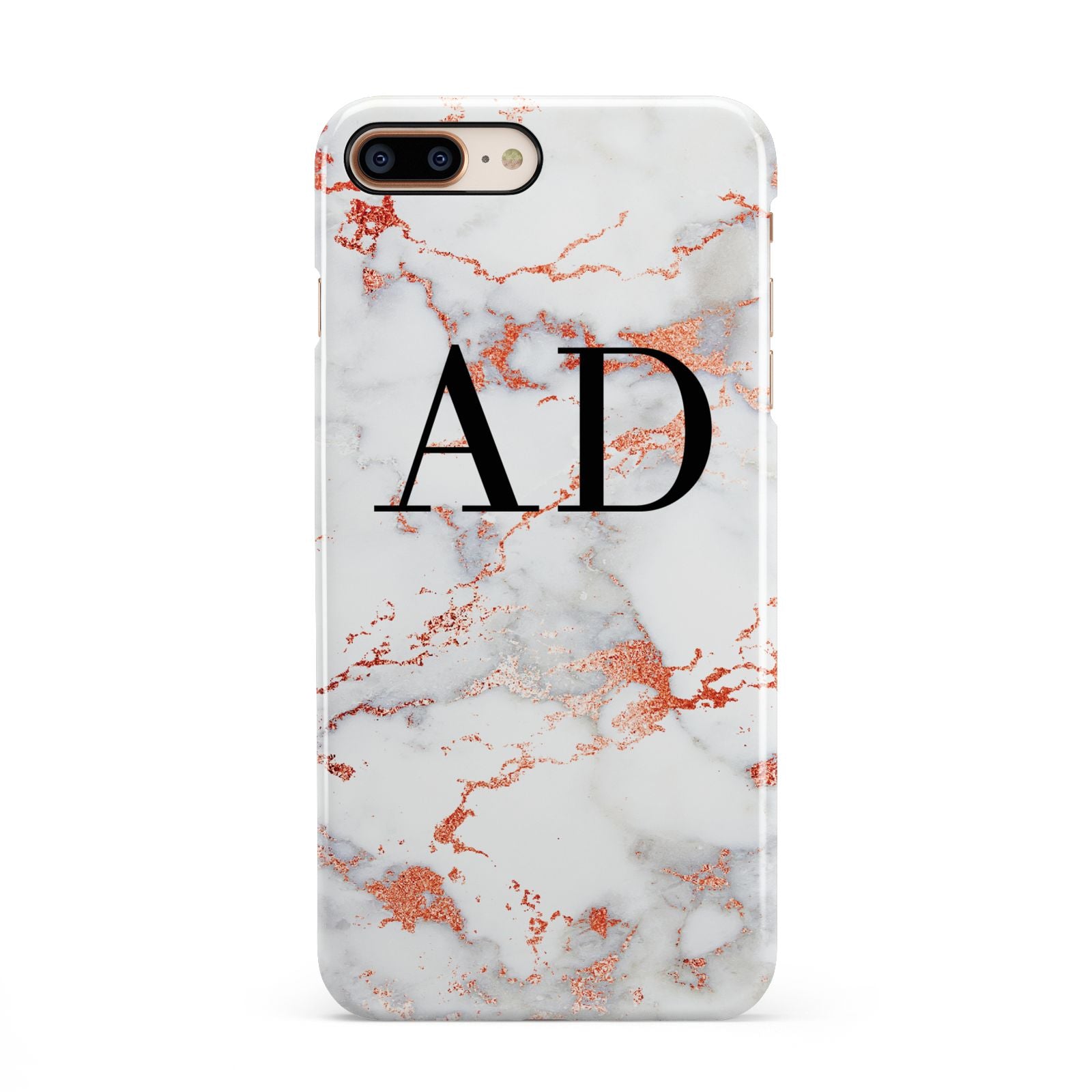 Personalised Rose Gold Marble Initials iPhone 8 Plus 3D Snap Case on Gold Phone