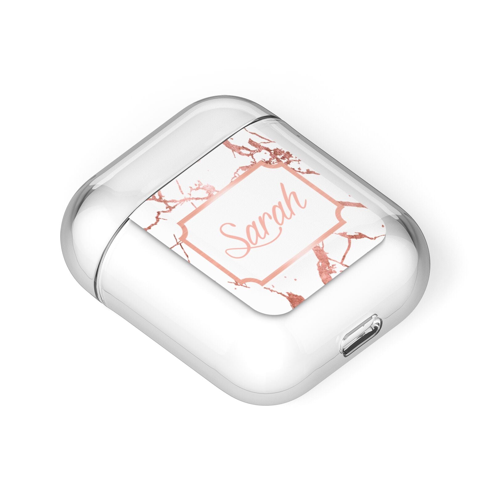 Personalised Rose Gold Marble Name AirPods Case Laid Flat