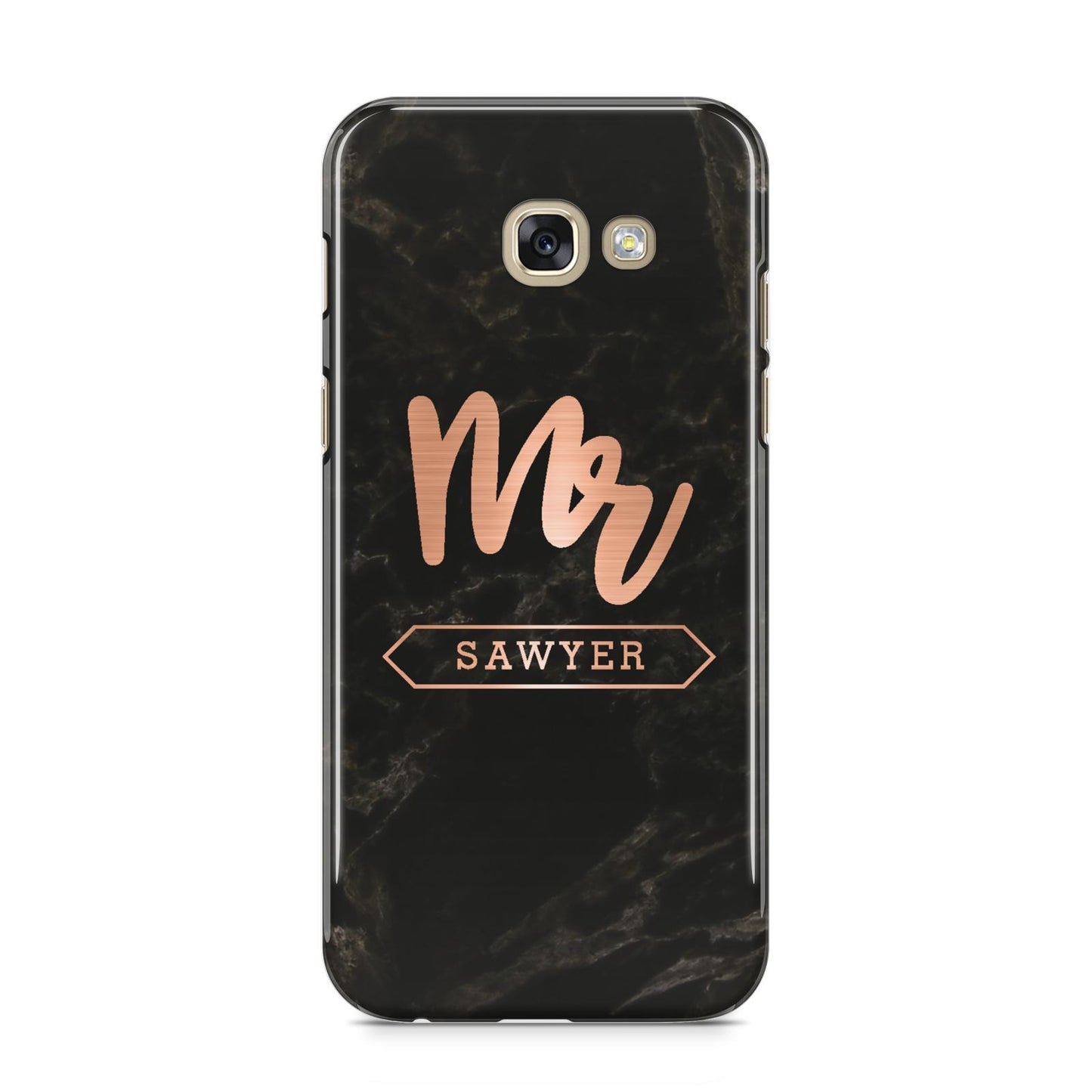 Personalised Rose Gold Mr Surname Marble Samsung Galaxy A5 2017 Case on gold phone