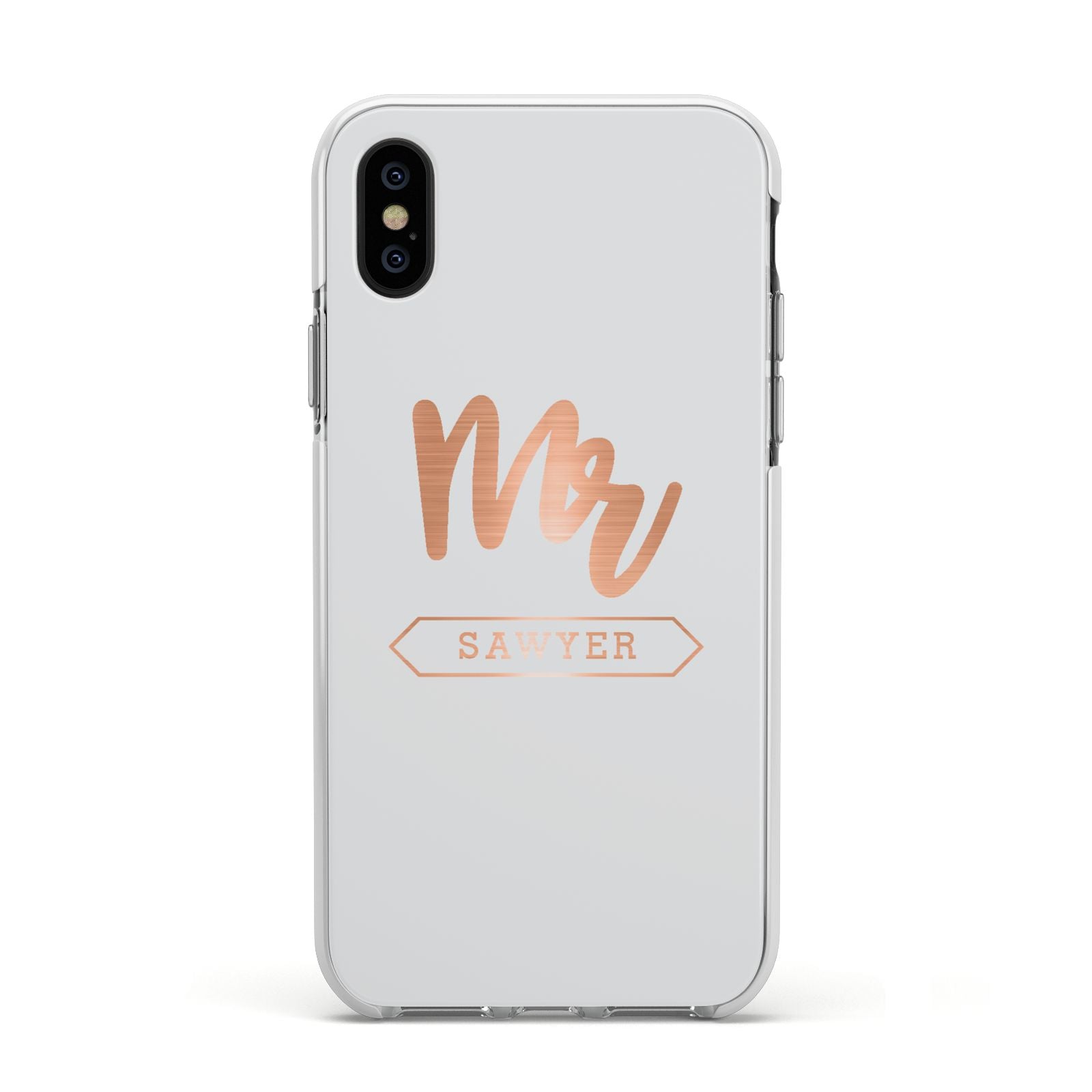 Personalised Rose Gold Mr Surname On Grey Apple iPhone Xs Impact Case White Edge on Black Phone