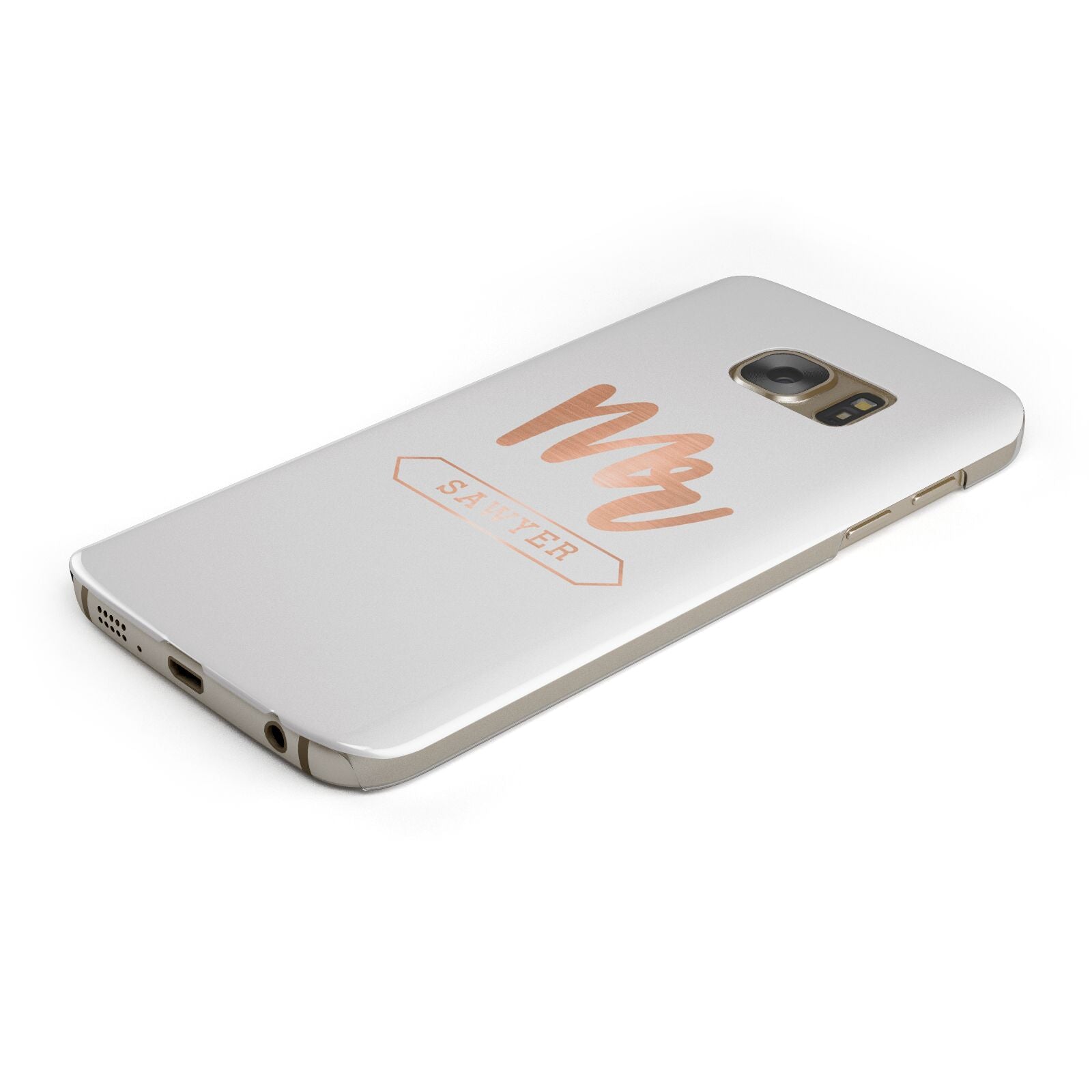 Personalised Rose Gold Mr Surname On Grey Protective Samsung Galaxy Case Angled Image