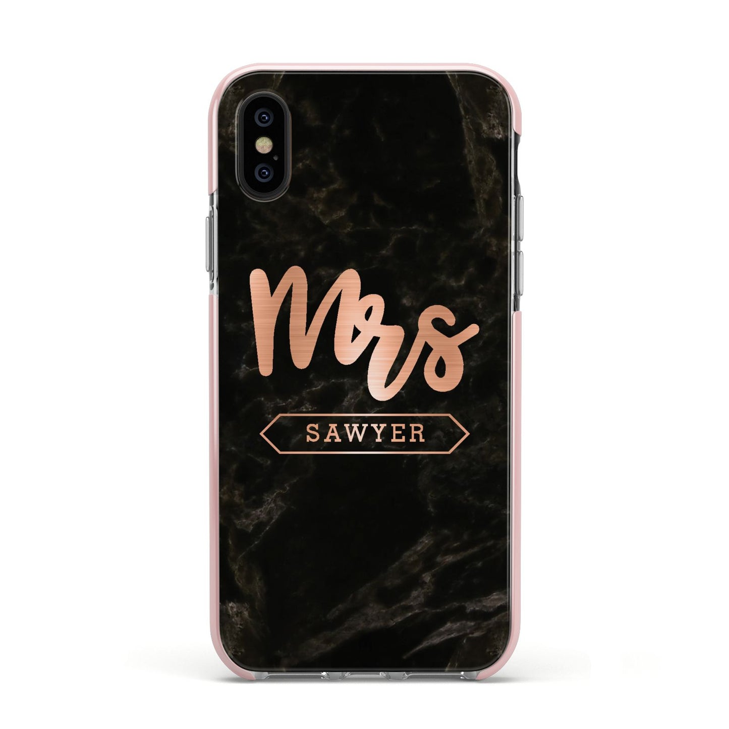 Personalised Rose Gold Mrs Surname Marble Apple iPhone Xs Impact Case Pink Edge on Black Phone