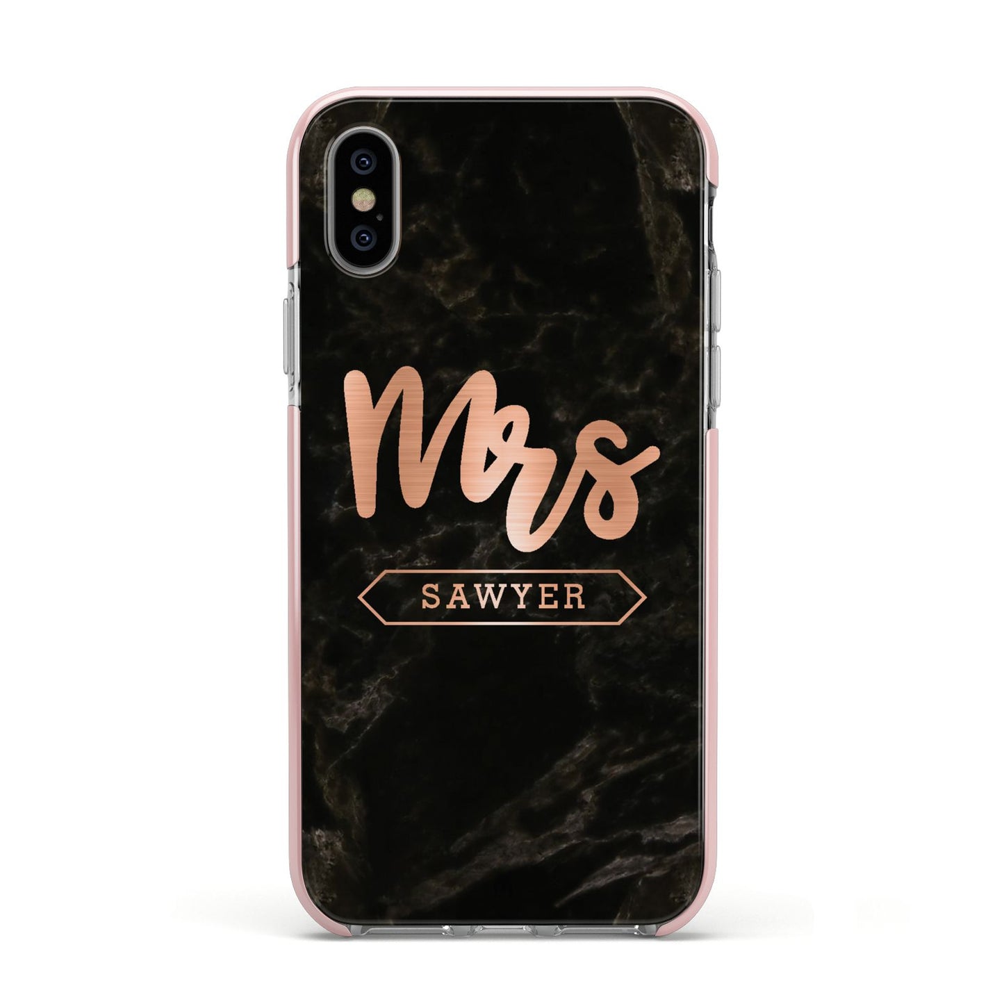 Personalised Rose Gold Mrs Surname Marble Apple iPhone Xs Impact Case Pink Edge on Silver Phone