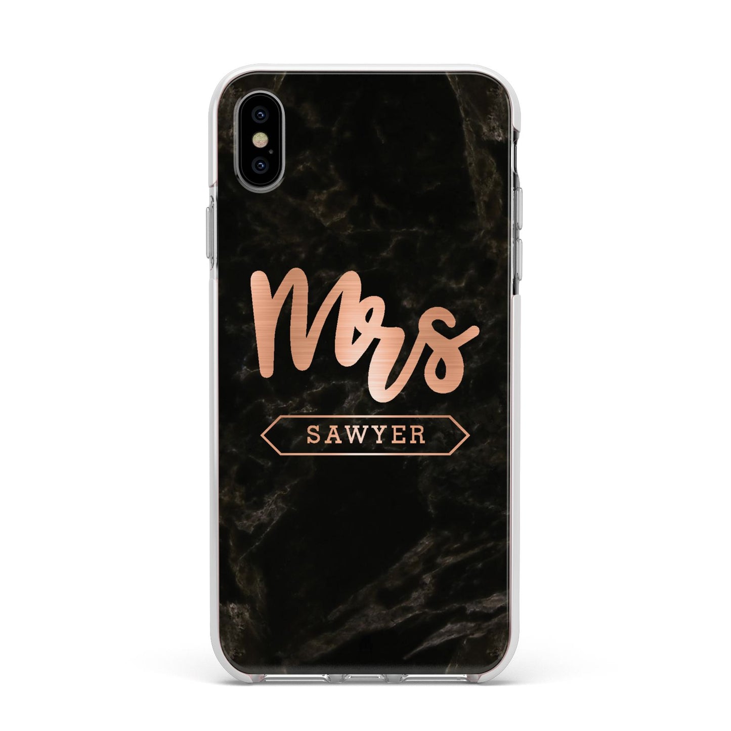 Personalised Rose Gold Mrs Surname Marble Apple iPhone Xs Max Impact Case White Edge on Silver Phone