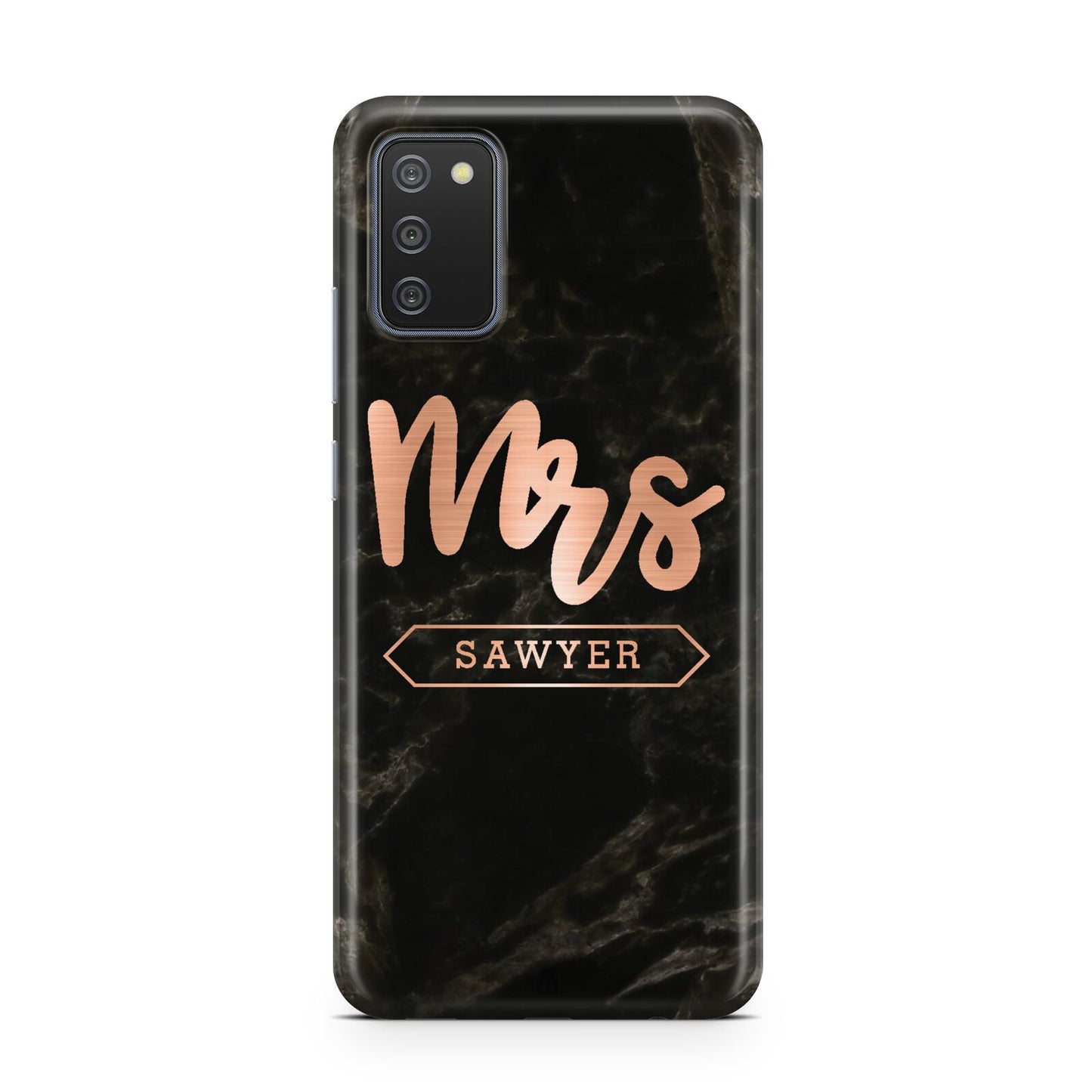 Personalised Rose Gold Mrs Surname Marble Samsung A02s Case