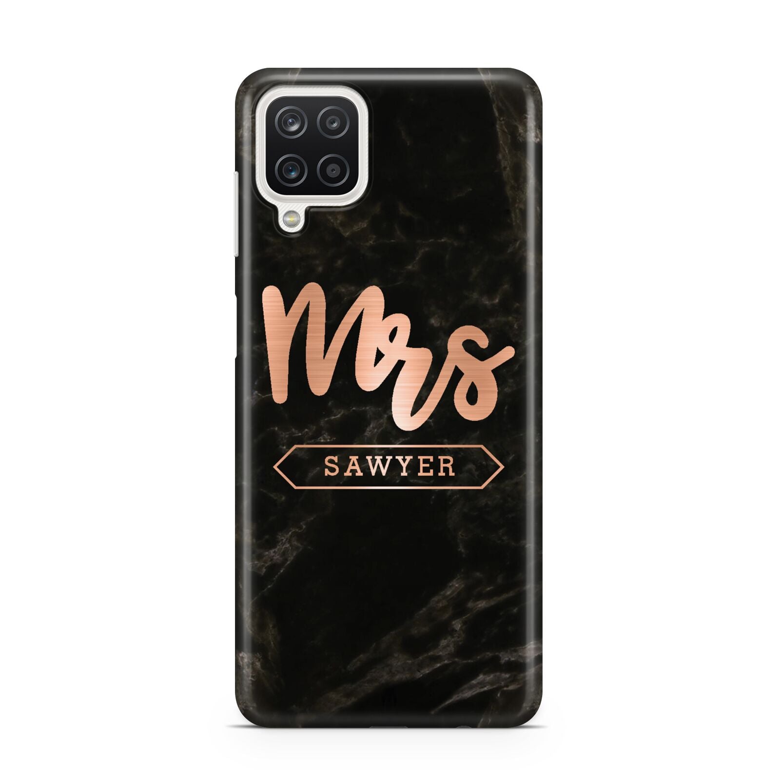 Personalised Rose Gold Mrs Surname Marble Samsung A12 Case