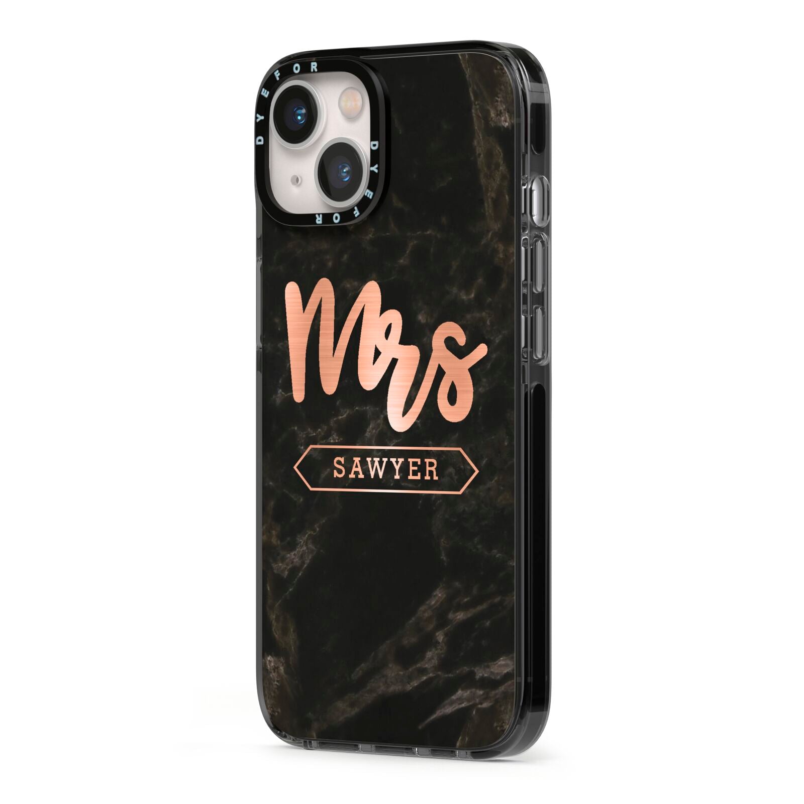 Personalised Rose Gold Mrs Surname Marble iPhone 13 Black Impact Case Side Angle on Silver phone