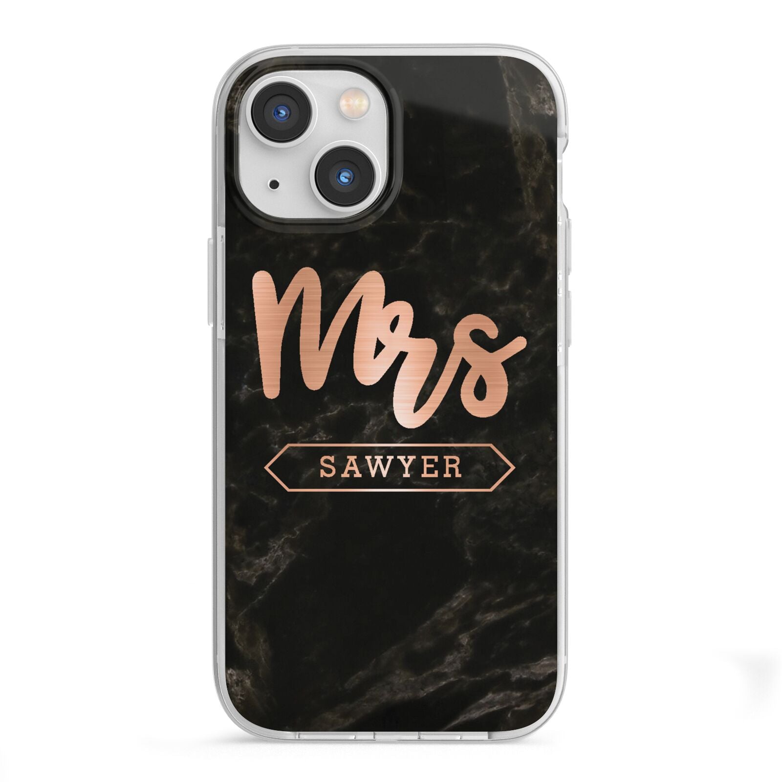 Personalised Rose Gold Mrs Surname Marble iPhone 13 Mini TPU Impact Case with White Edges