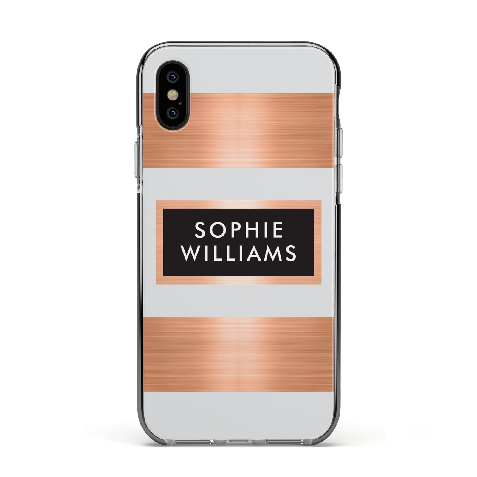 Personalised Rose Gold Name Text Initials Apple iPhone Xs Impact Case Black Edge on Black Phone