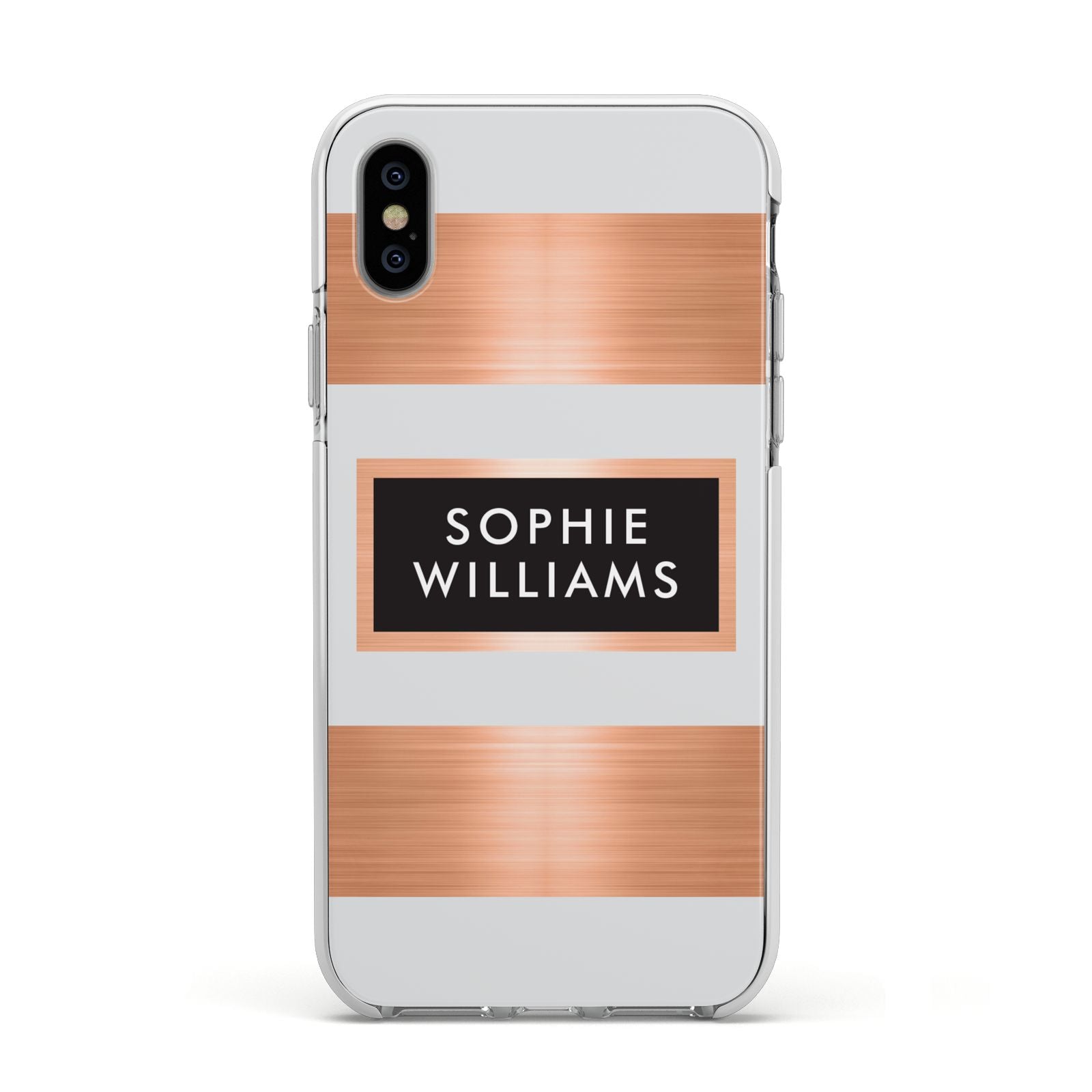 Personalised Rose Gold Name Text Initials Apple iPhone Xs Impact Case White Edge on Silver Phone