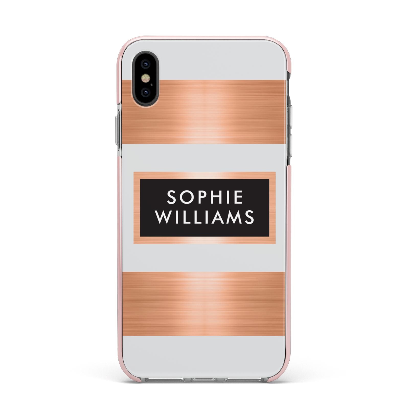 Personalised Rose Gold Name Text Initials Apple iPhone Xs Max Impact Case Pink Edge on Black Phone