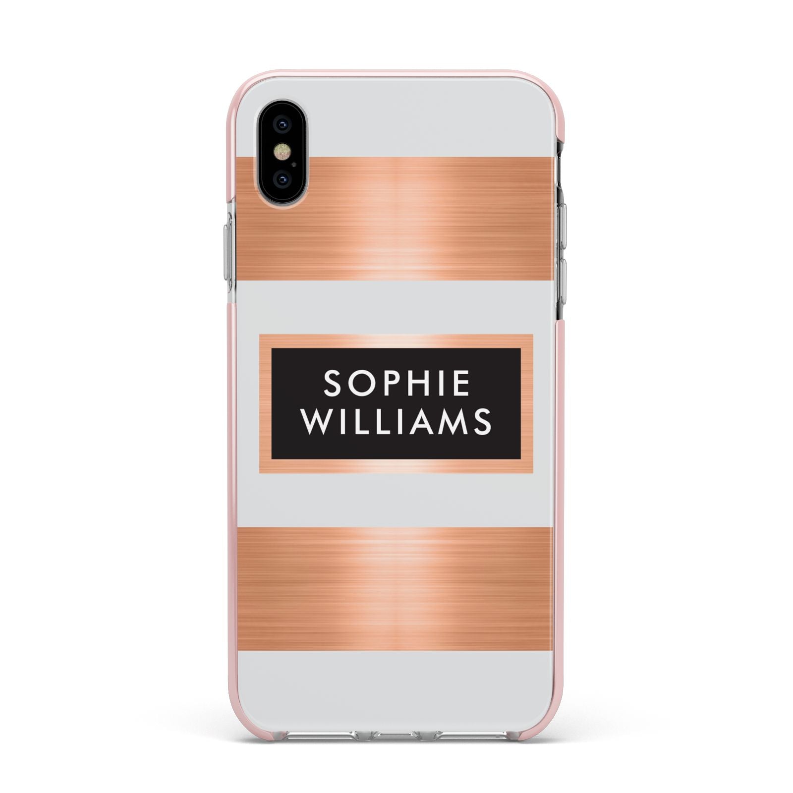 Personalised Rose Gold Name Text Initials Apple iPhone Xs Max Impact Case Pink Edge on Silver Phone