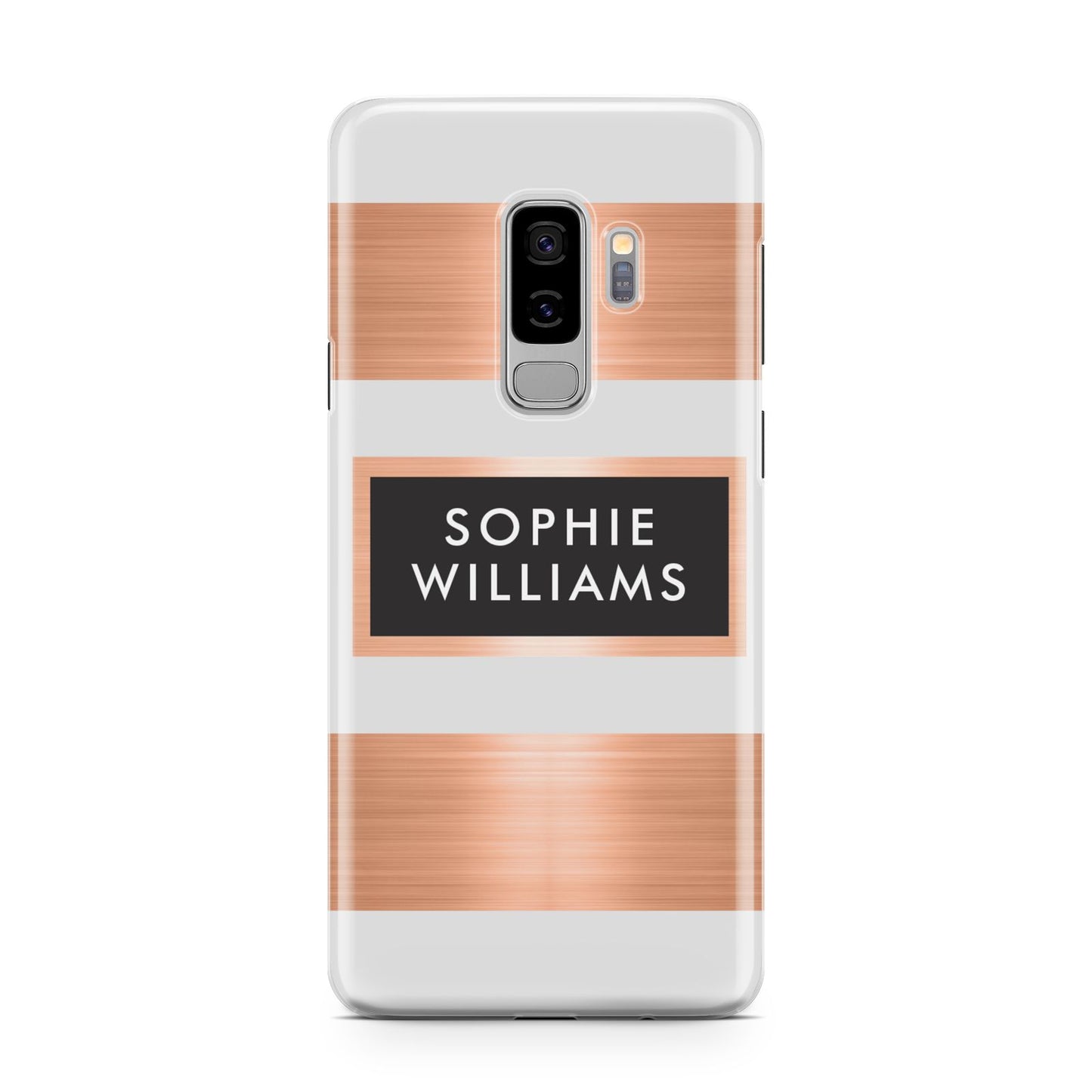 Personalised Rose Gold Name Text Initials Samsung Galaxy S9 Plus Case on Silver phone