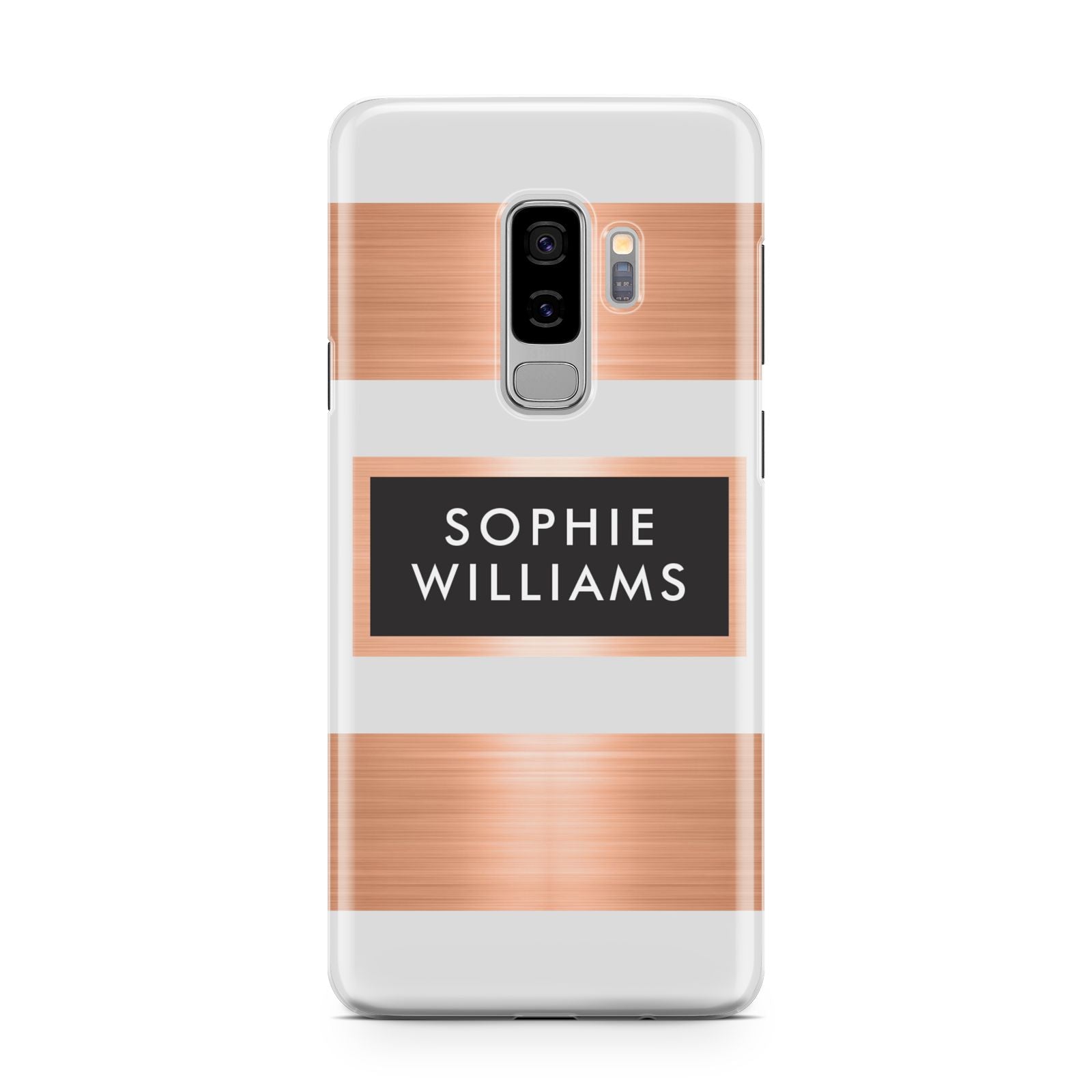 Personalised Rose Gold Name Text Initials Samsung Galaxy S9 Plus Case on Silver phone