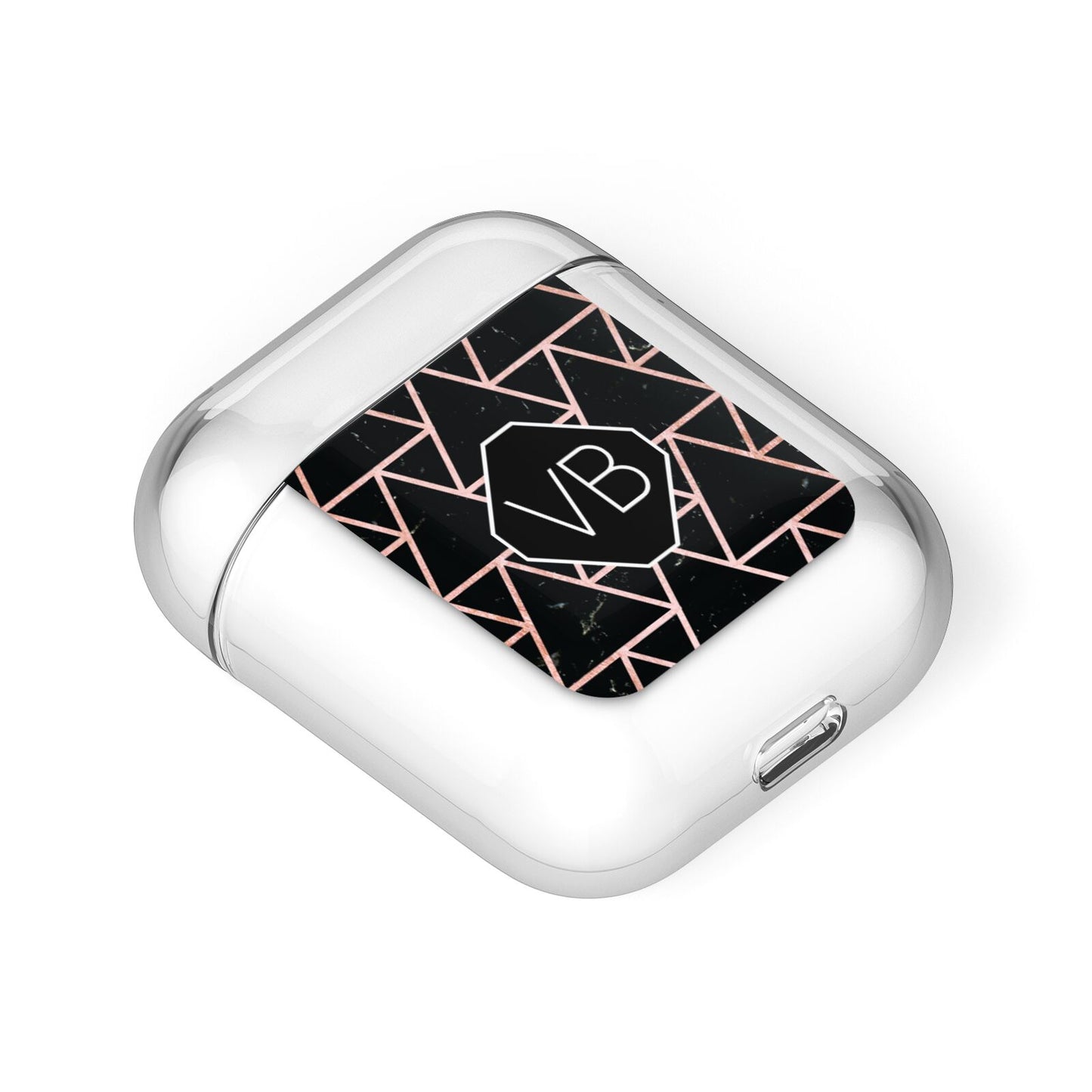 Personalised Rose Gold Triangle Marble AirPods Case Laid Flat