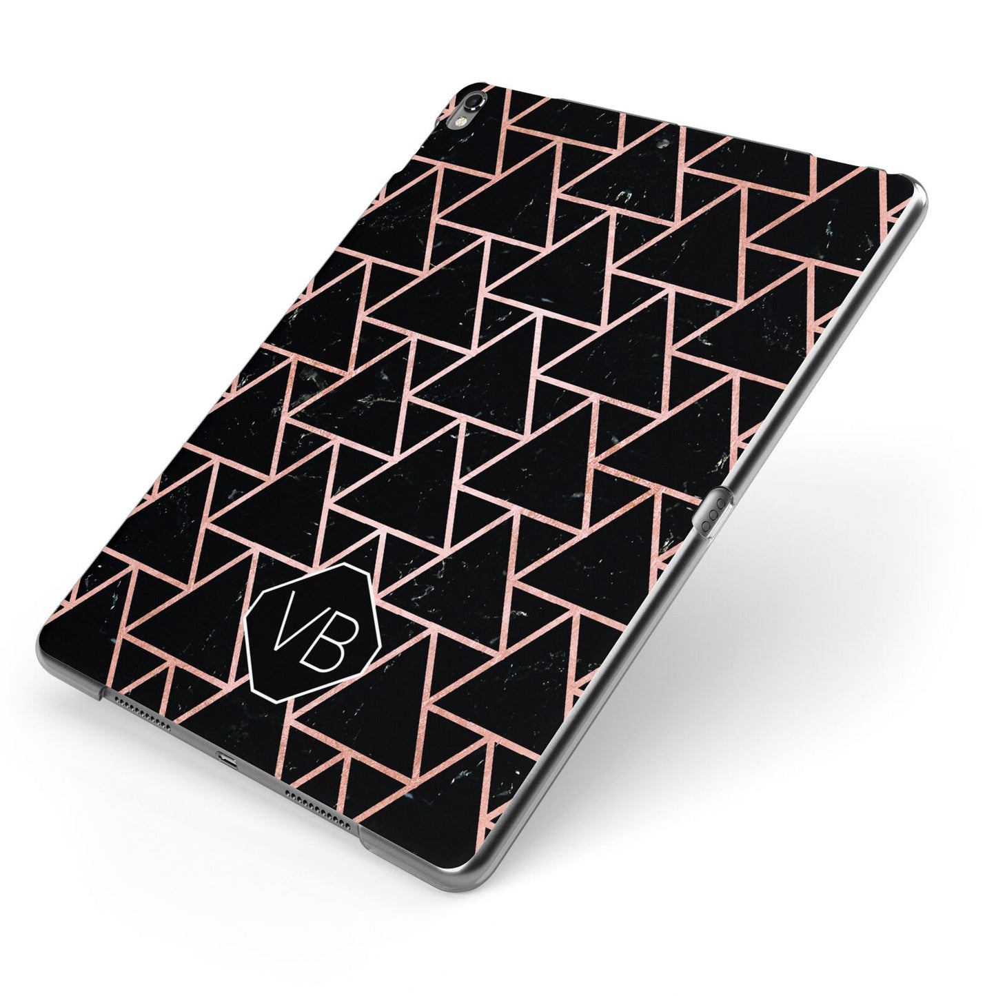 Personalised Rose Gold Triangle Marble Apple iPad Case on Grey iPad Side View