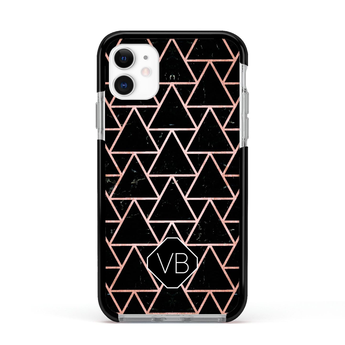 Personalised Rose Gold Triangle Marble Apple iPhone 11 in White with Black Impact Case