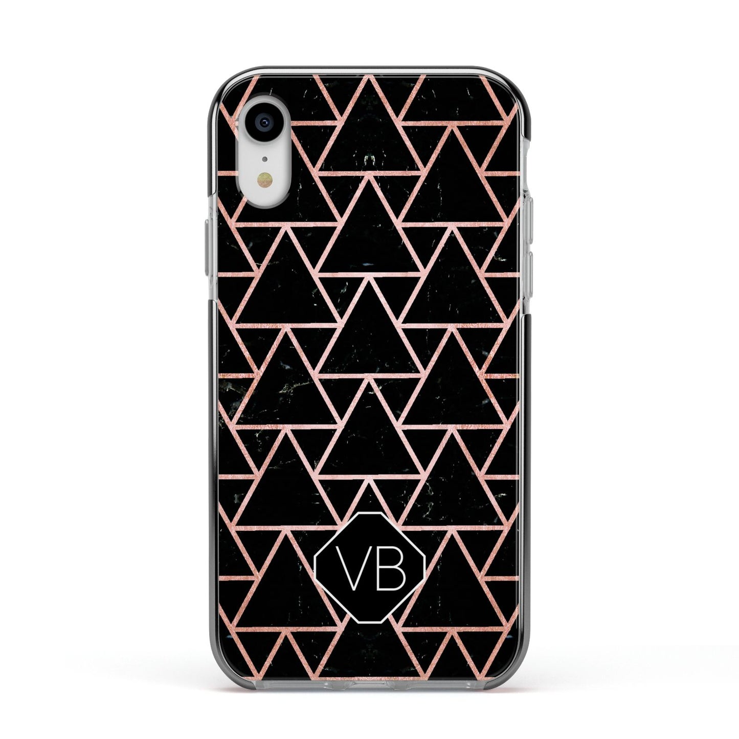 Personalised Rose Gold Triangle Marble Apple iPhone XR Impact Case Black Edge on Silver Phone