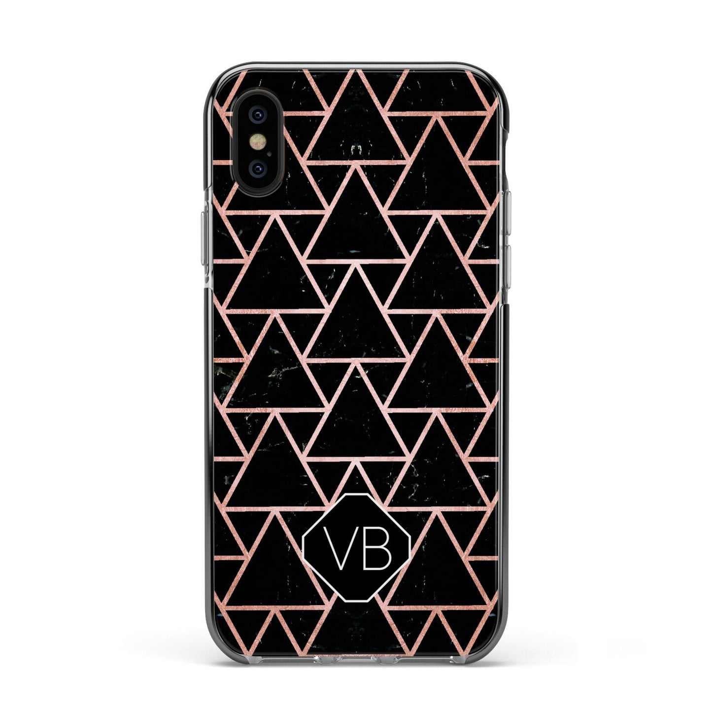 Personalised Rose Gold Triangle Marble Apple iPhone Xs Impact Case Black Edge on Black Phone