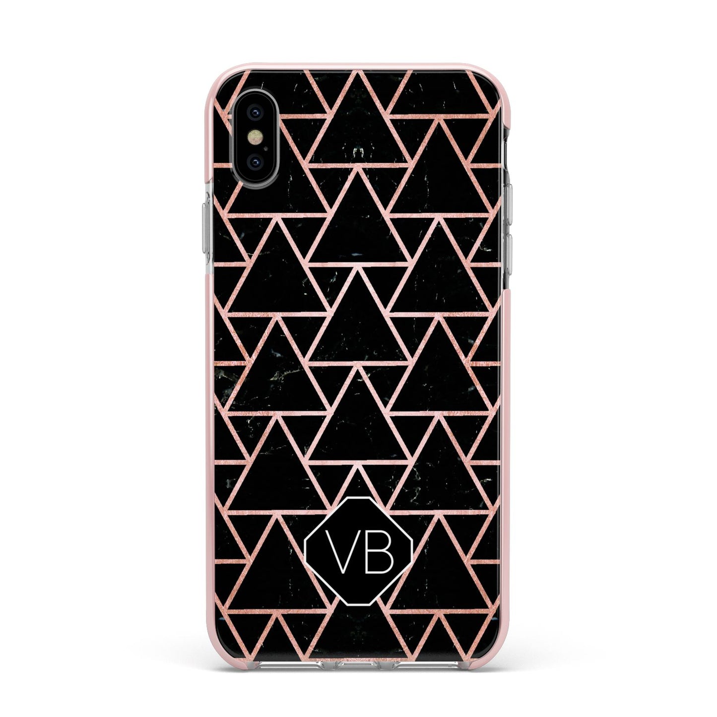 Personalised Rose Gold Triangle Marble Apple iPhone Xs Max Impact Case Pink Edge on Silver Phone