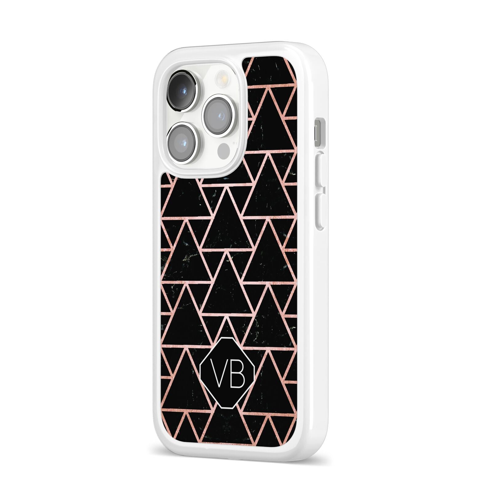 Personalised Rose Gold Triangle Marble iPhone 14 Pro Clear Tough Case Silver Angled Image