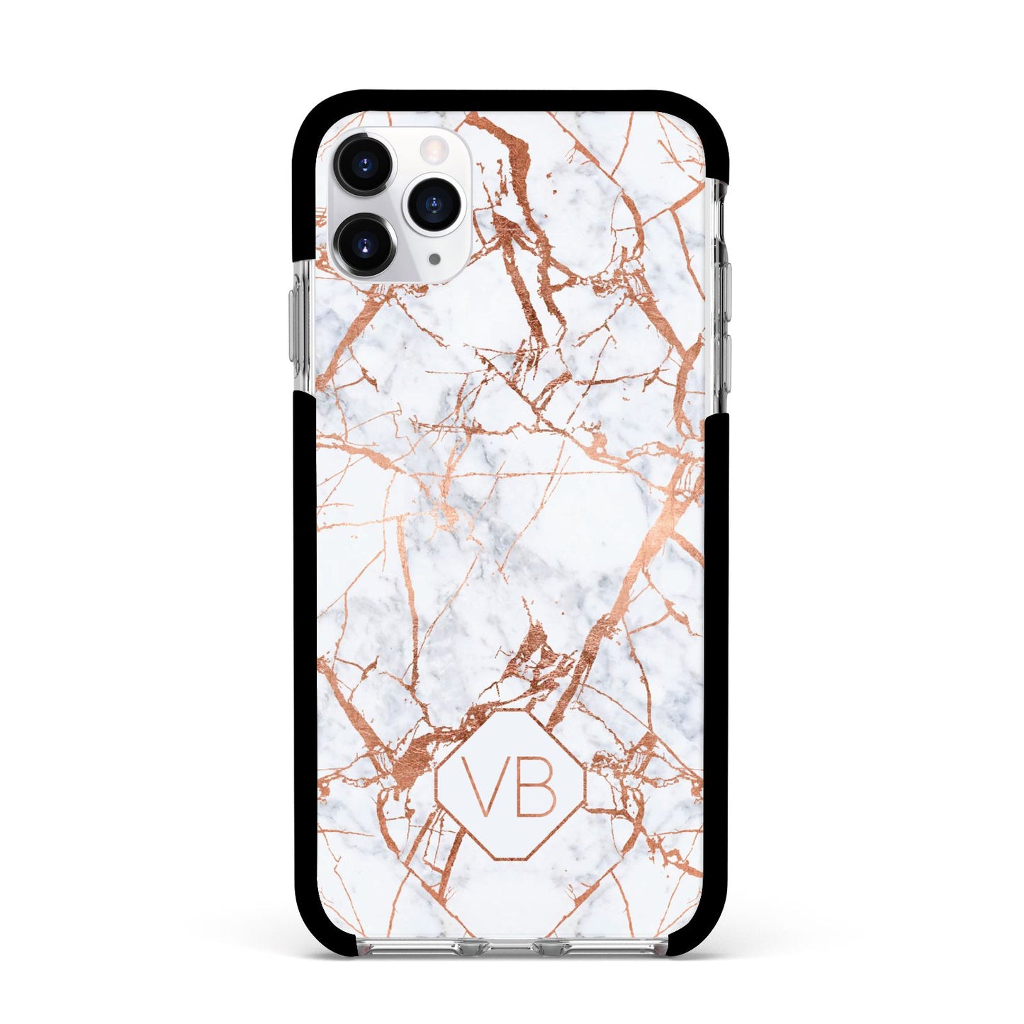 Personalised Rose Gold Vein Marble Initials Apple iPhone 11 Pro Max in Silver with Black Impact Case