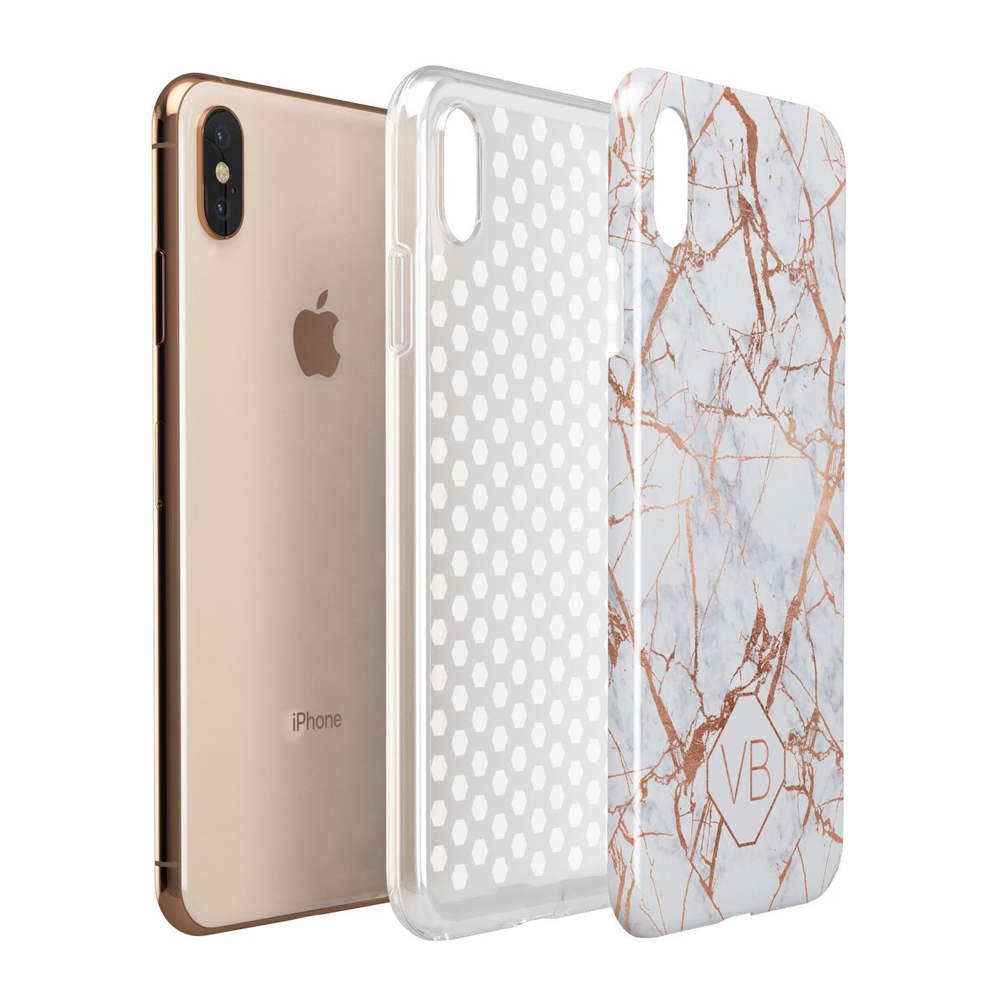 Personalised Rose Gold Vein Marble Initials Apple iPhone Xs Max 3D Tough Case Expanded View