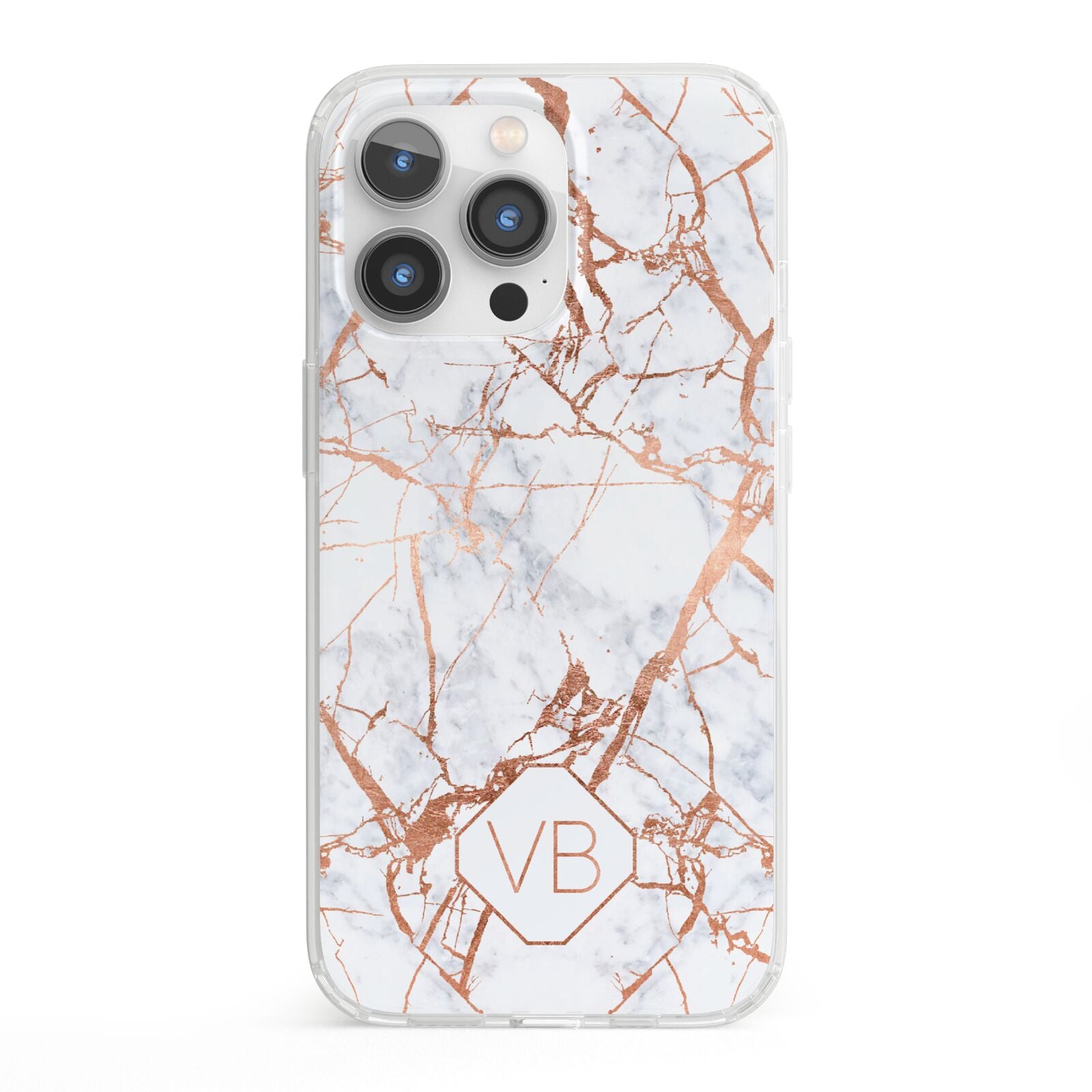 Personalised Rose Gold Vein Marble Initials iPhone 13 Pro Clear Bumper Case