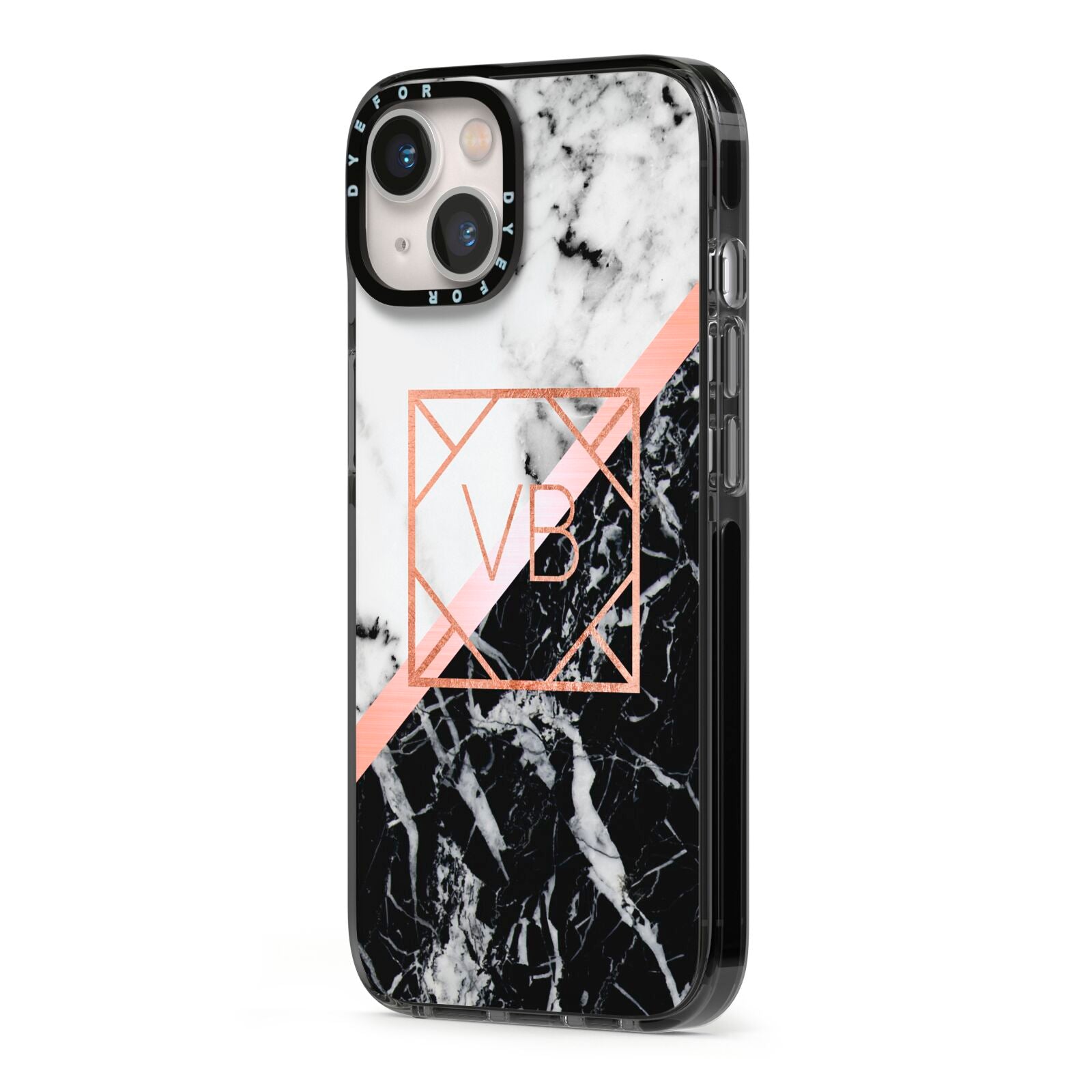 Personalised Rose Gold With Marble Initials iPhone 13 Black Impact Case Side Angle on Silver phone