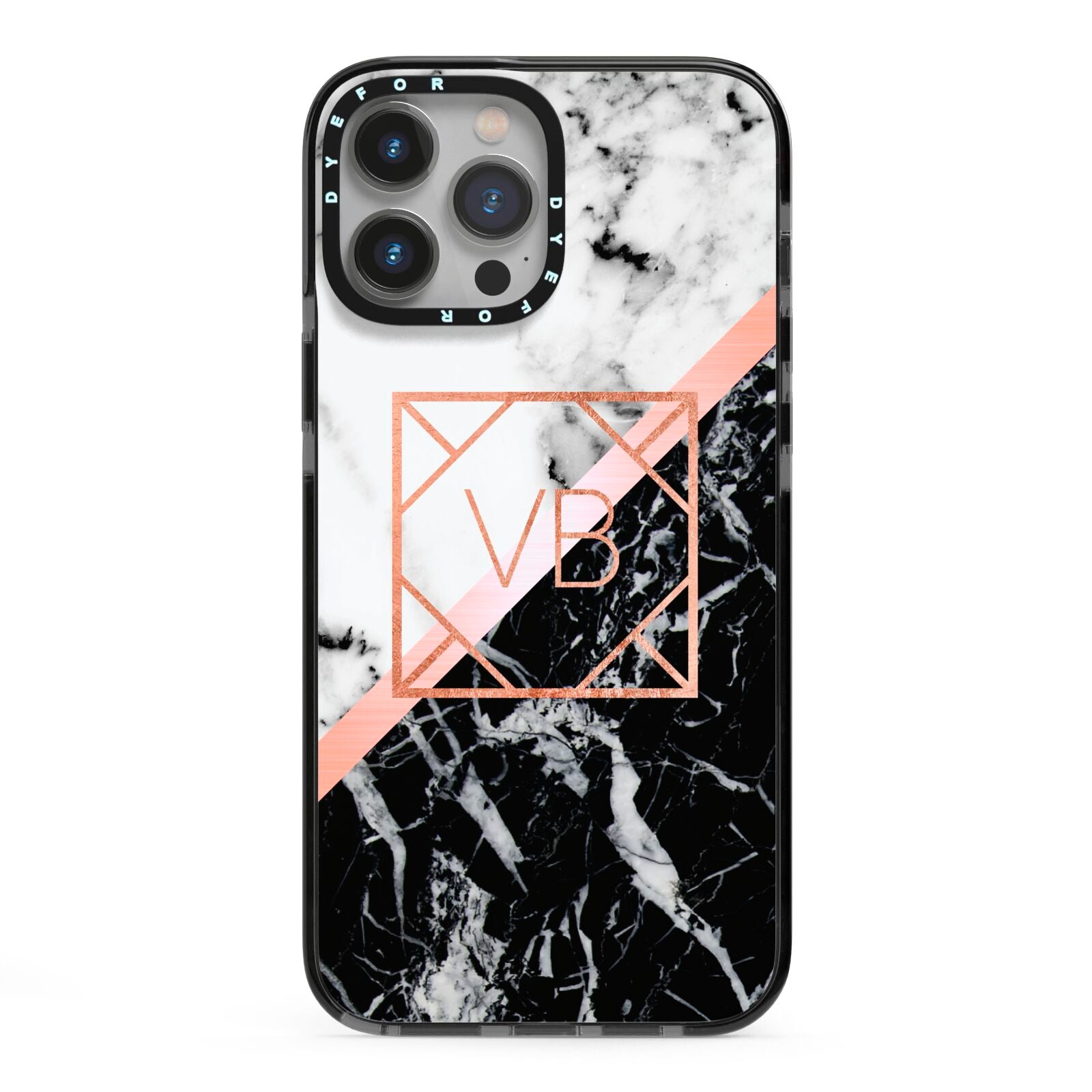 Personalised Rose Gold With Marble Initials iPhone 13 Pro Max Black Impact Case on Silver phone