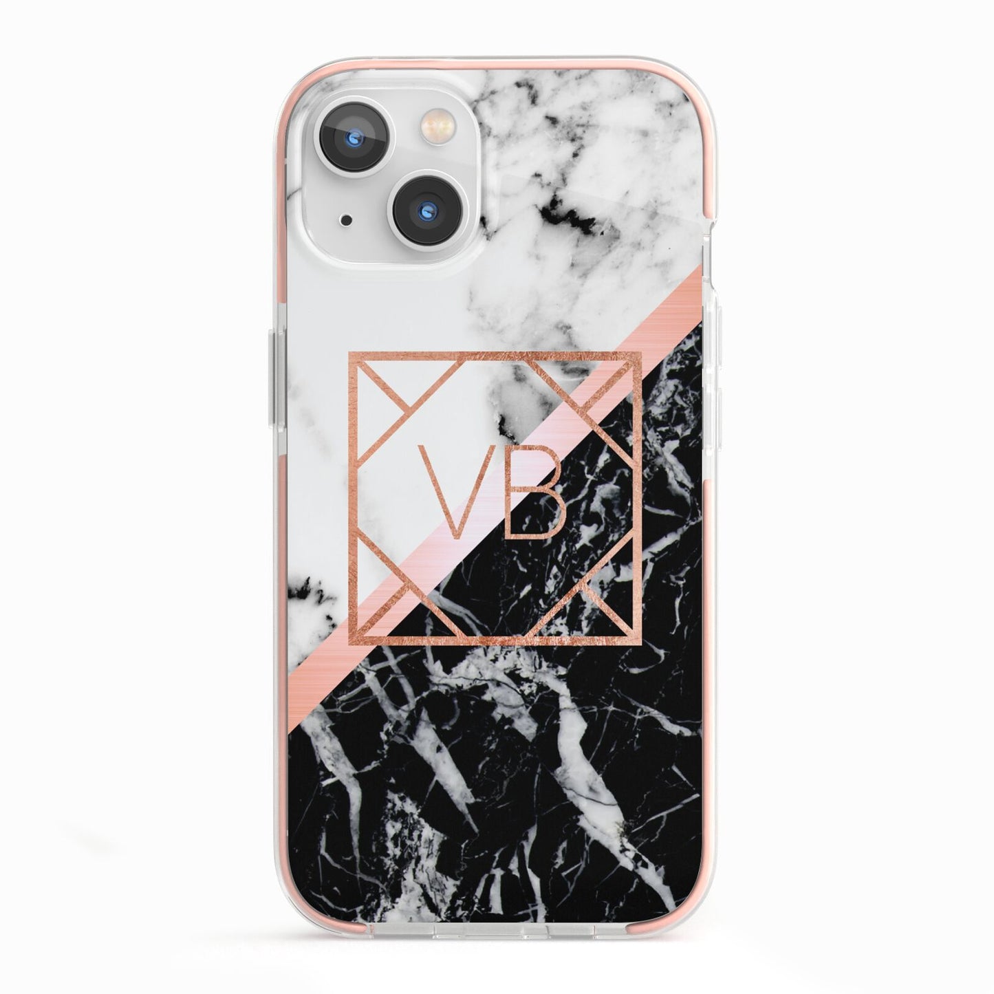 Personalised Rose Gold With Marble Initials iPhone 13 TPU Impact Case with Pink Edges