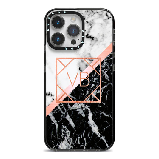 Personalised Rose Gold With Marble Initials iPhone 14 Pro Max Black Impact Case on Silver phone