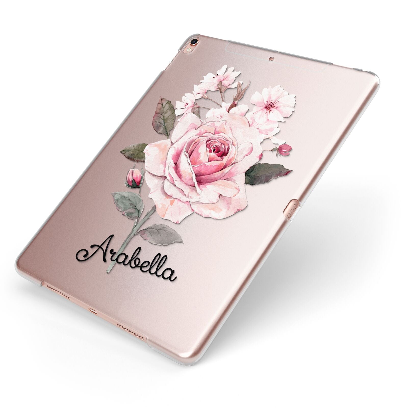 Personalised Rose with Name Apple iPad Case on Rose Gold iPad Side View