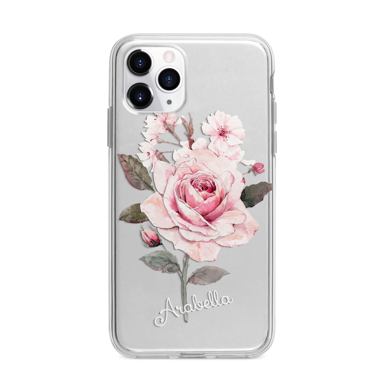 Personalised Rose with Name Apple iPhone 11 Pro Max in Silver with Bumper Case