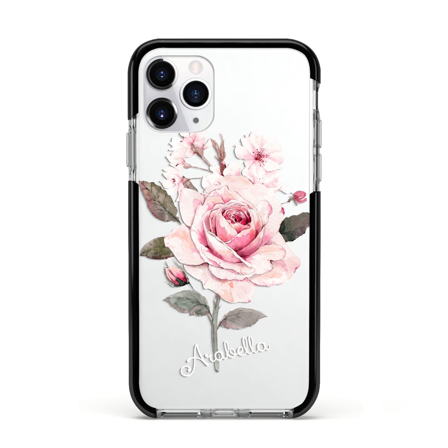 Personalised Rose with Name Apple iPhone 11 Pro in Silver with Black Impact Case