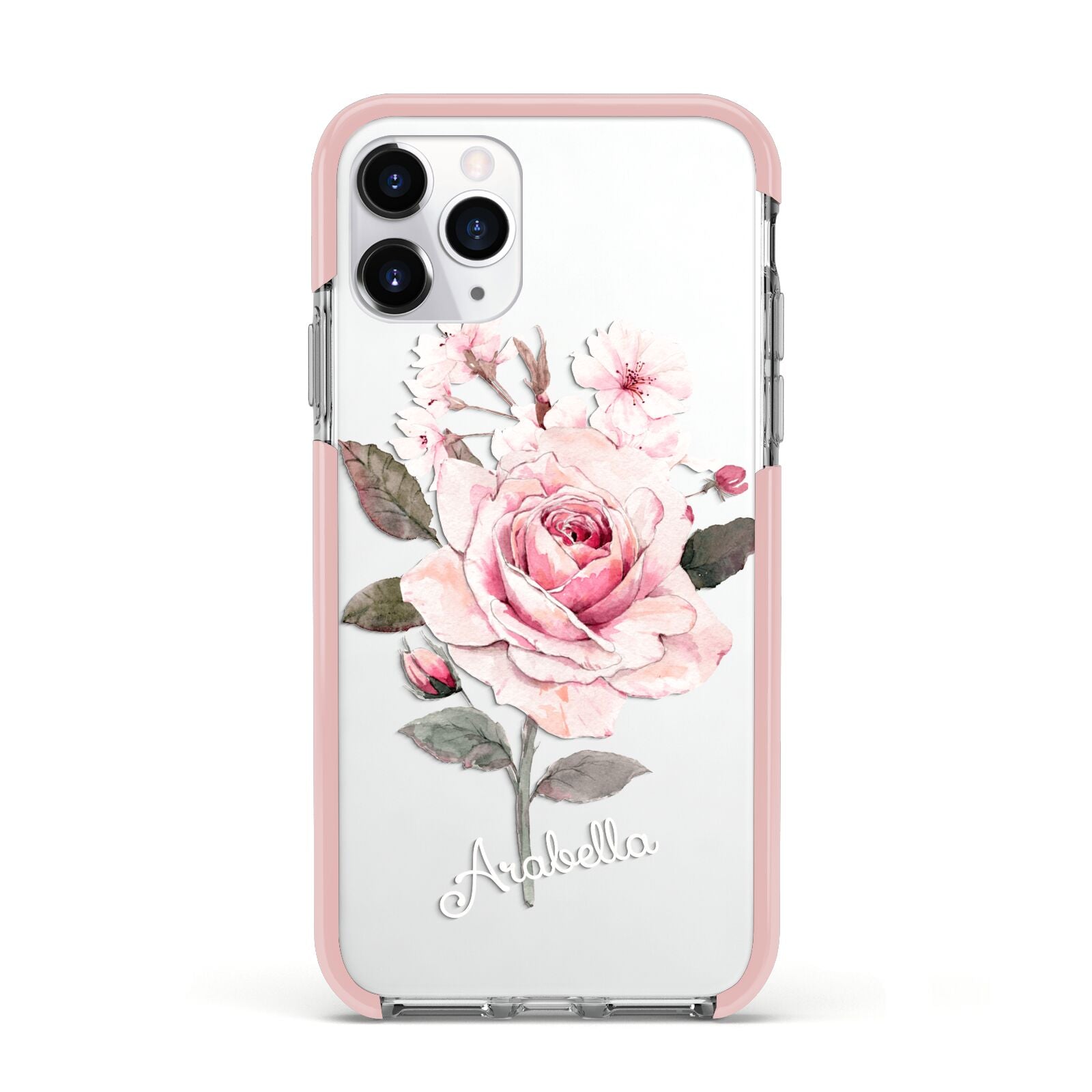 Personalised Rose with Name Apple iPhone 11 Pro in Silver with Pink Impact Case