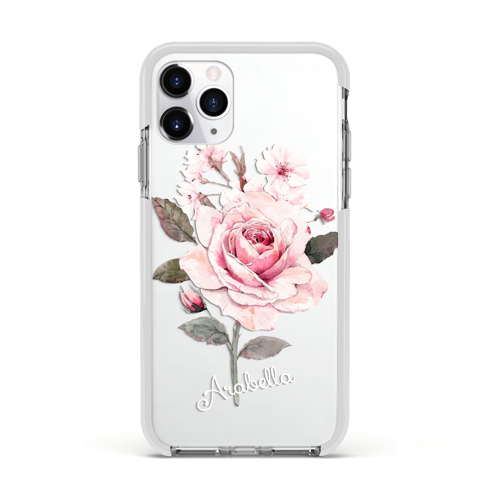 Personalised Rose with Name Apple iPhone 11 Pro in Silver with White Impact Case